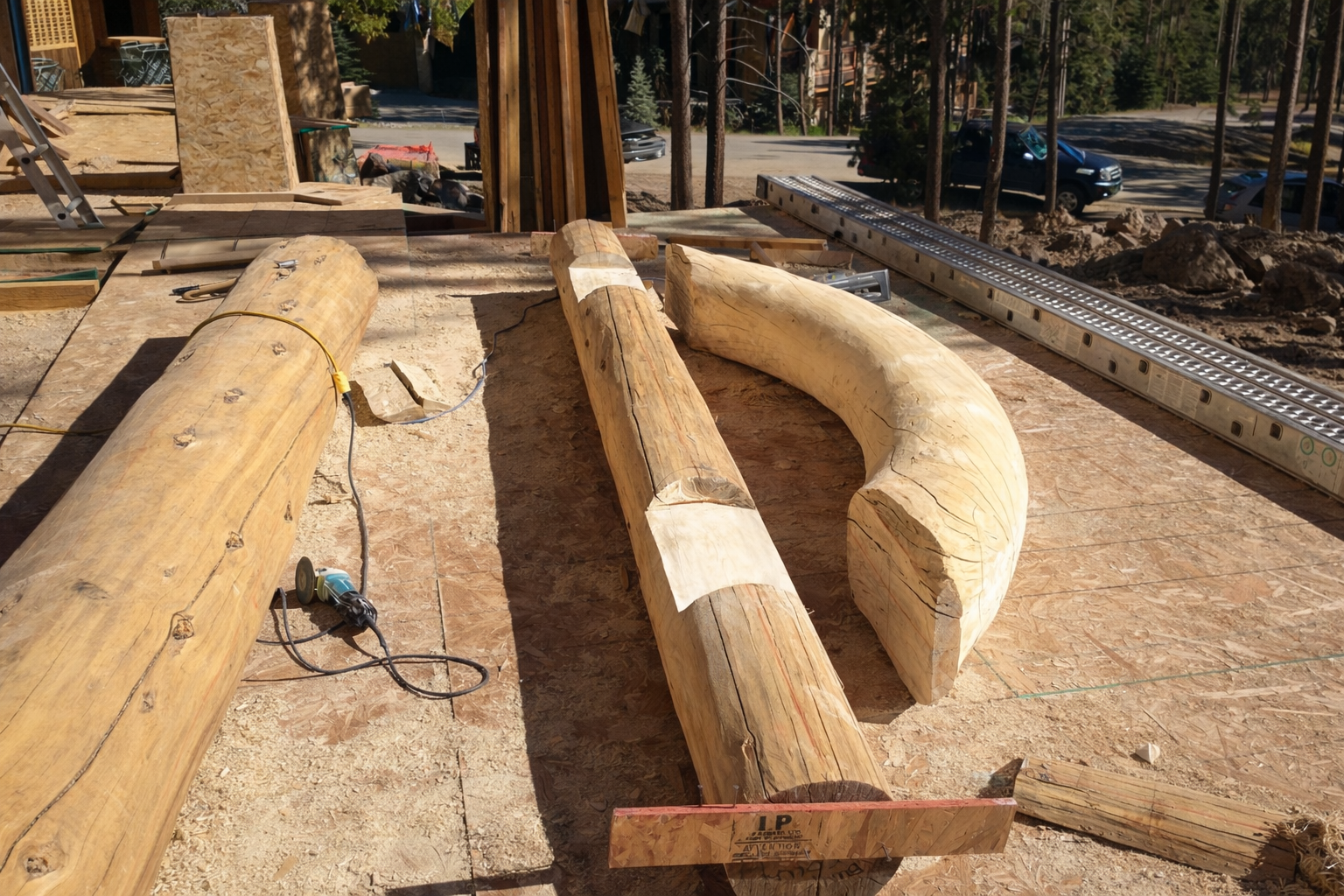 Custom log home construction with handcrafted timber beams by Gold Hill Builders in Evergreen Colorado