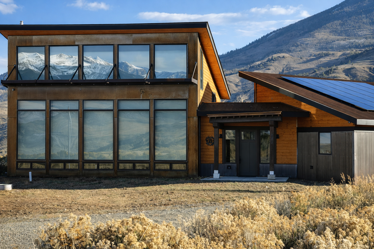 Modern custom mountain home exterior with large windows and sustainable design by Gold Hill Builders Evergreen Colorado