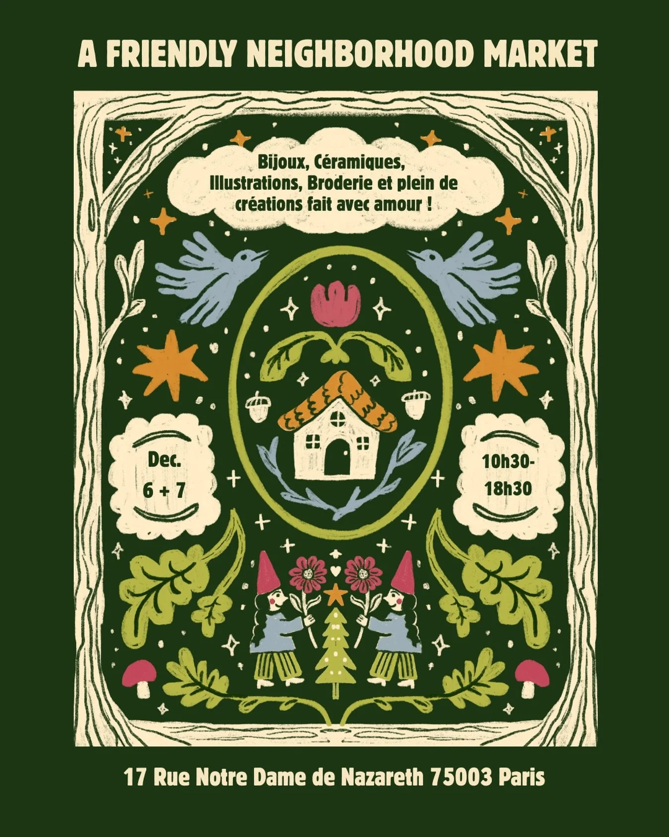 Helloooo!!

In just over a week, we&rsquo;ll be setting up for our 4th edition of the @friendlymarketparis !! 🥰 I created the poster and I&rsquo;m so happy with how it turned out!

Please come say hello! We have so many amazing artists and creatives