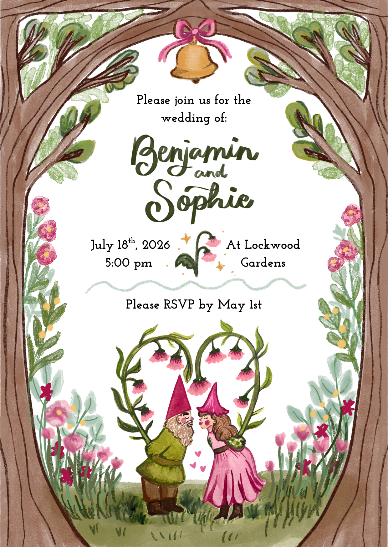 Whimsical gnome wedding invitation, watercolor painted wedding invitation, pink and green invitation