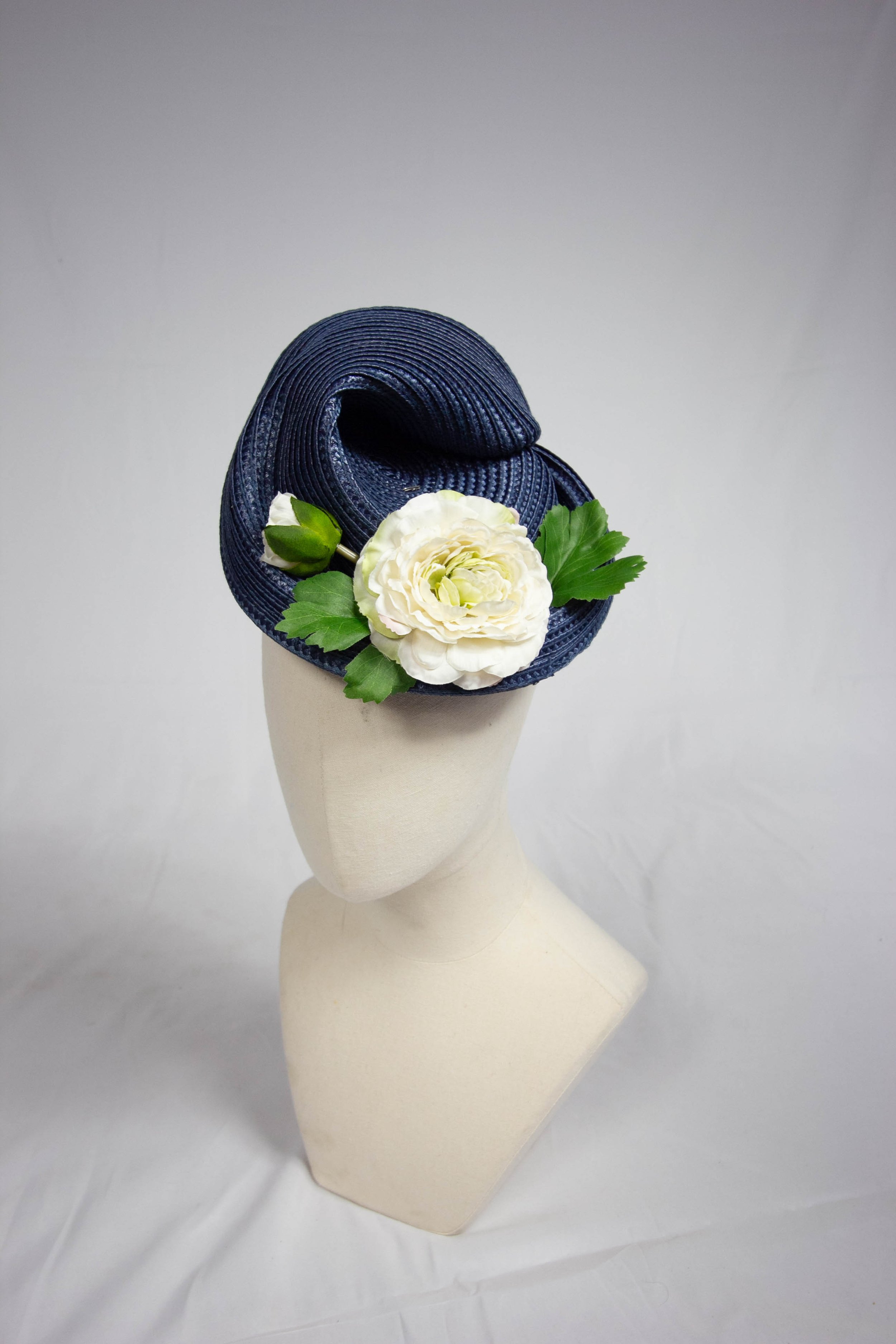 Navy Elegance Sculptural Headpiece with Ranunculus