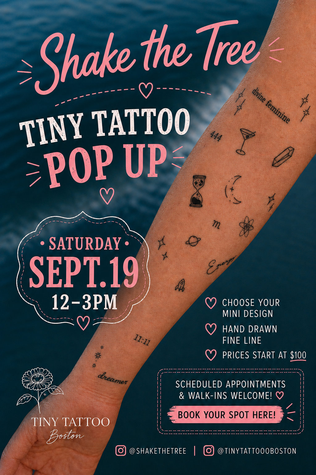Event poster for a tiny tattoo pop-up at Tiny Tattoo Boston on Saturday, September 19 from 12 to 3 PM, featuring a person's arm with small tattoo designs including stars, planets, the word 'dreamer,' and various symbols.