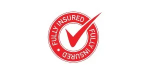 A circular red and white logo with a checkmark and the words "Fully Insured" repeated around the circle.