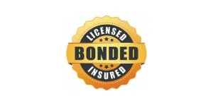 A badge with a gold border and black banner, displaying the words 'Licensed & Bonded' and 'Insured'.