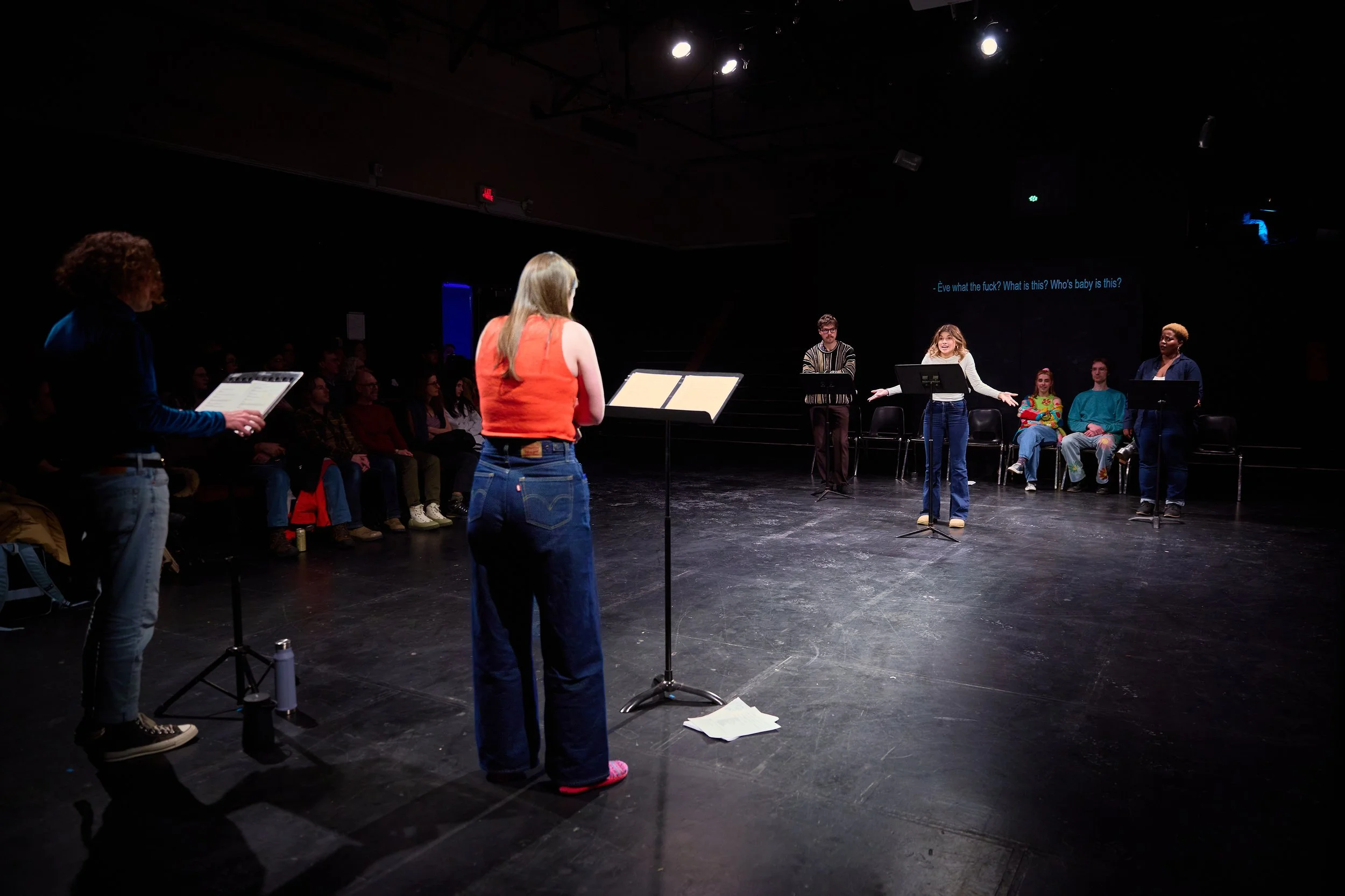 Scène d'une compagnie de théâtre ou d'improvisation sur scène avec plusieurs acteurs et actrices, certains en position de lecture et d'autres en position de présentation, avec un public en arrière-plan.