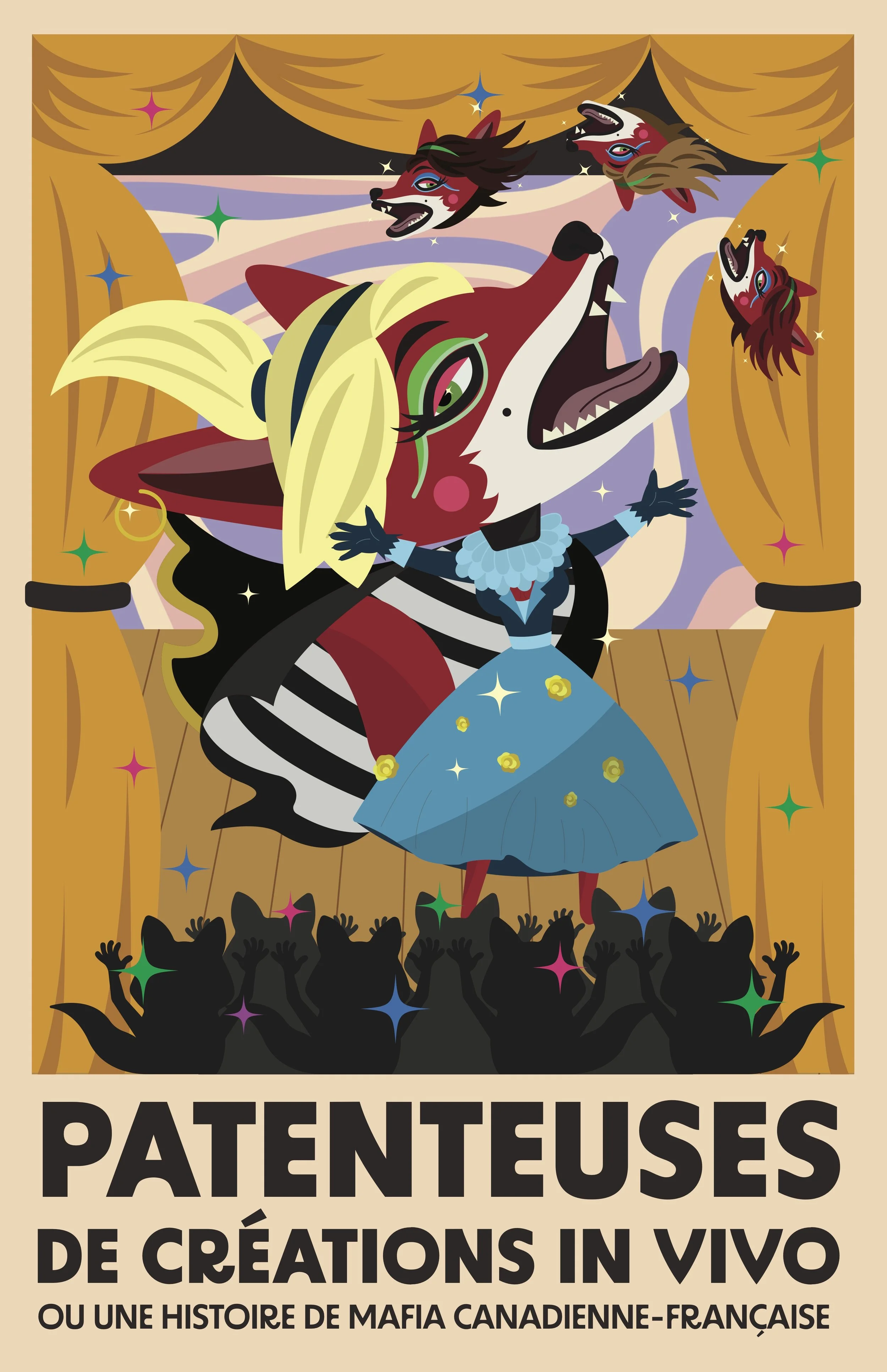 Affiche de théâtre ou de spectacle avec un personnage anthropomorphe, une renarde, habillée en robe bleue avec des fleurs jaunes, sur scène avec un rideau doré et un public de silhouettes noires applaudissant. CRÉATIONS IN VIVO