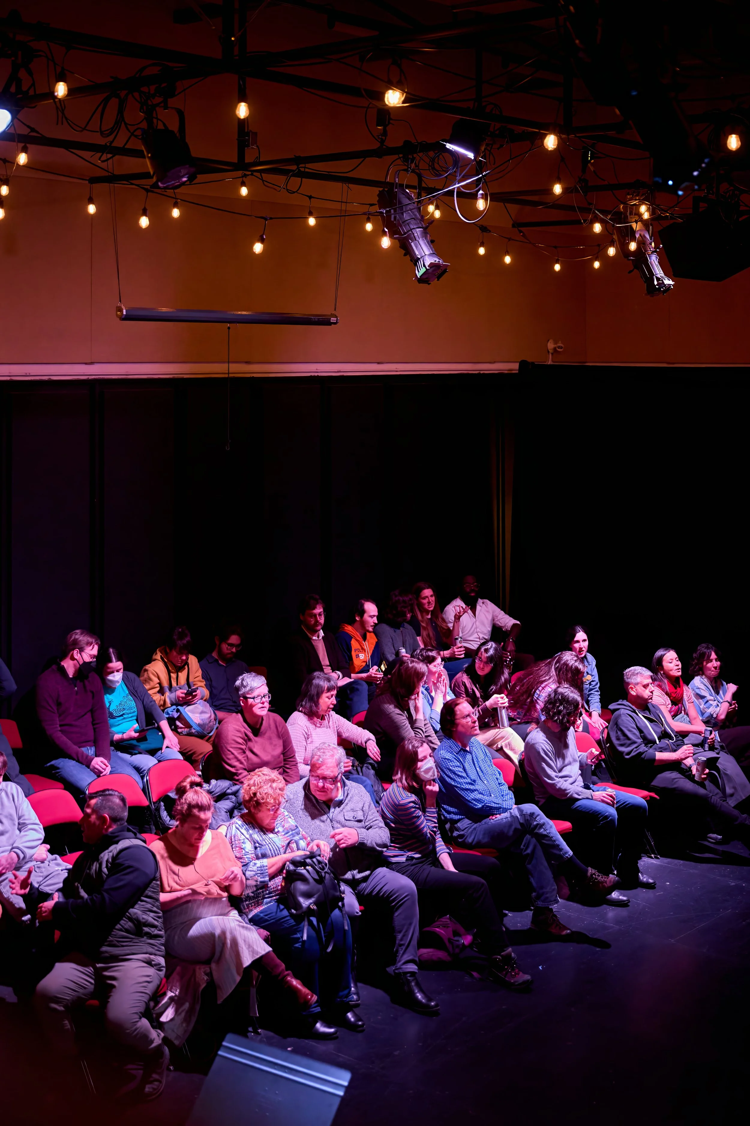 Audience assise dans une salle de théâtre ou de conférence, sous un éclairage tamisé avec des lumières suspendues au plafond.