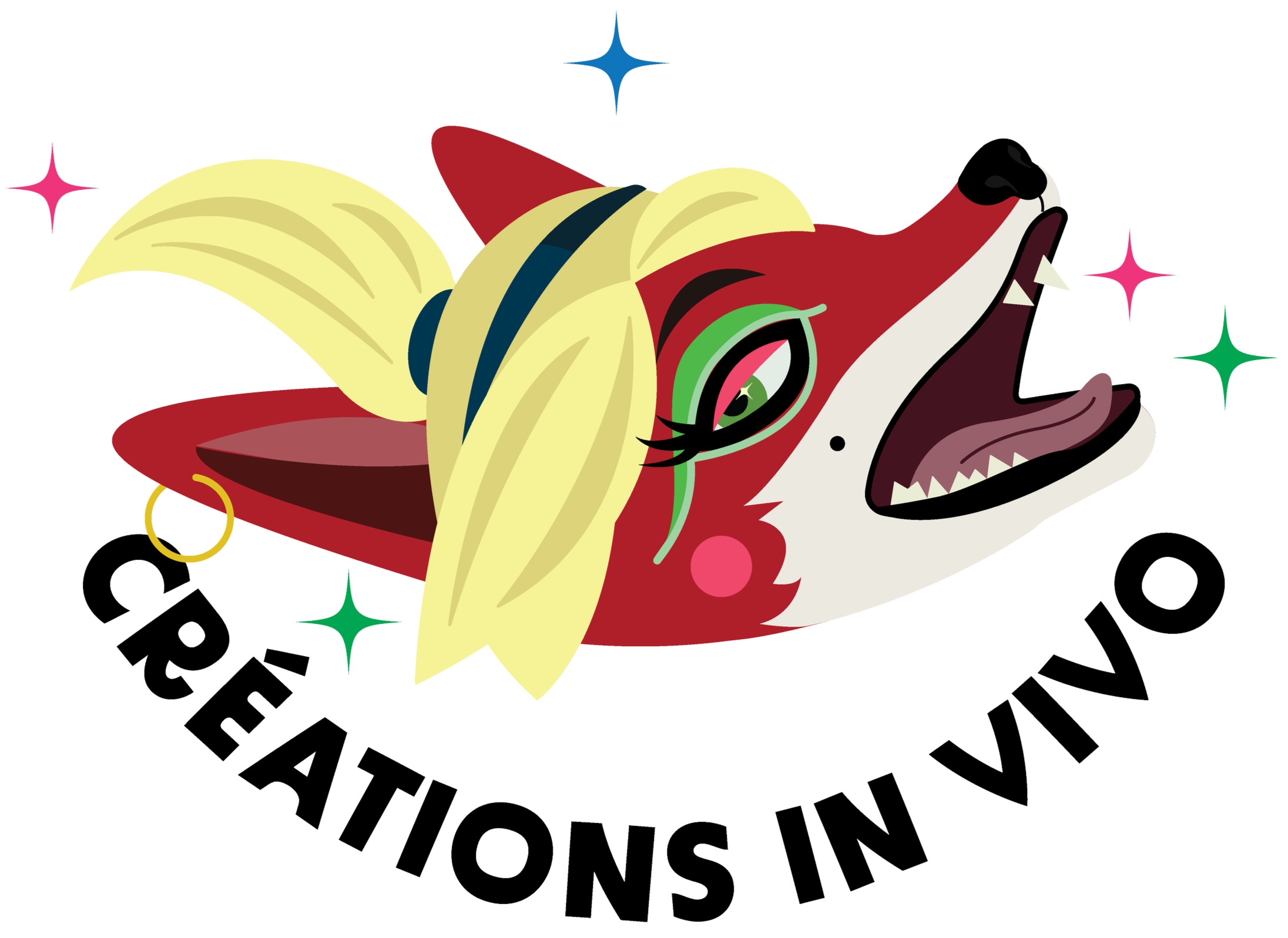 Logo d'une créature de style hybride entre un loup et un canidé, avec des éléments de ninja, portant des lunettes de soleil, des boucles d'oreilles, des détails colorés, entourée d'étoiles et du texte "CRÉATIONS IN VIVO".