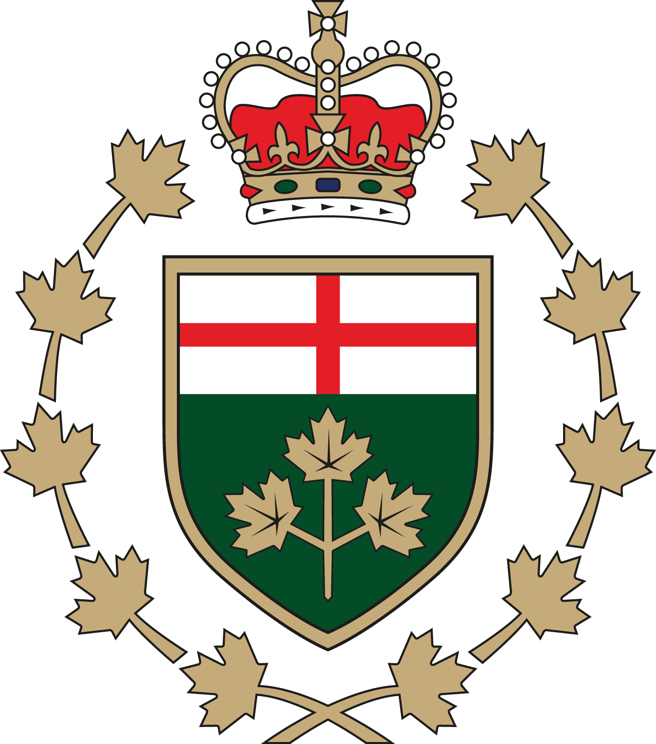 Emblème avec une couronne, un écusson divisé, et une chaîne de cénotaphes norés