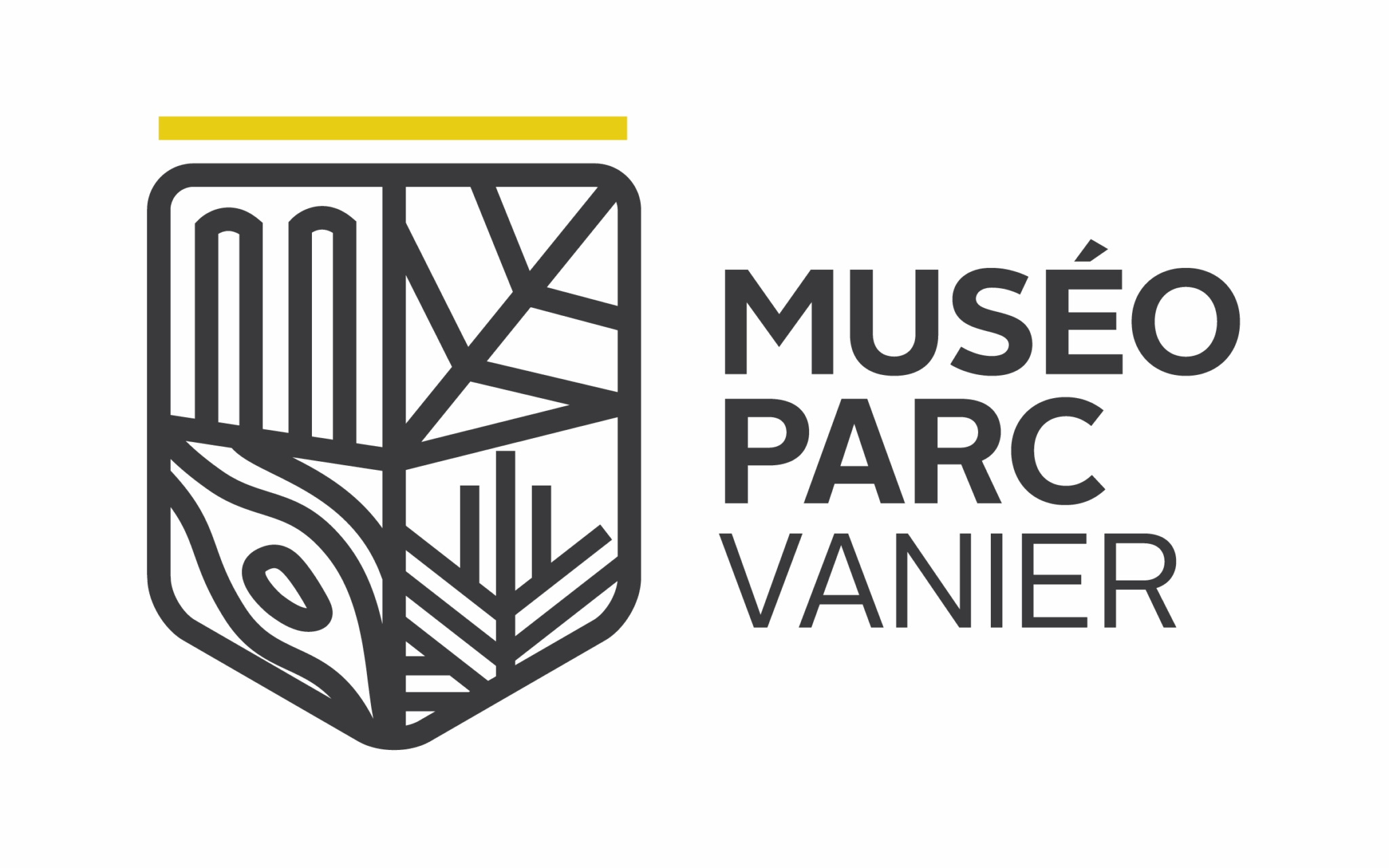 Logo du Musée Parc Vanier, illustration d'une boîte avec différentes formes géométriques et une branche d'arbre