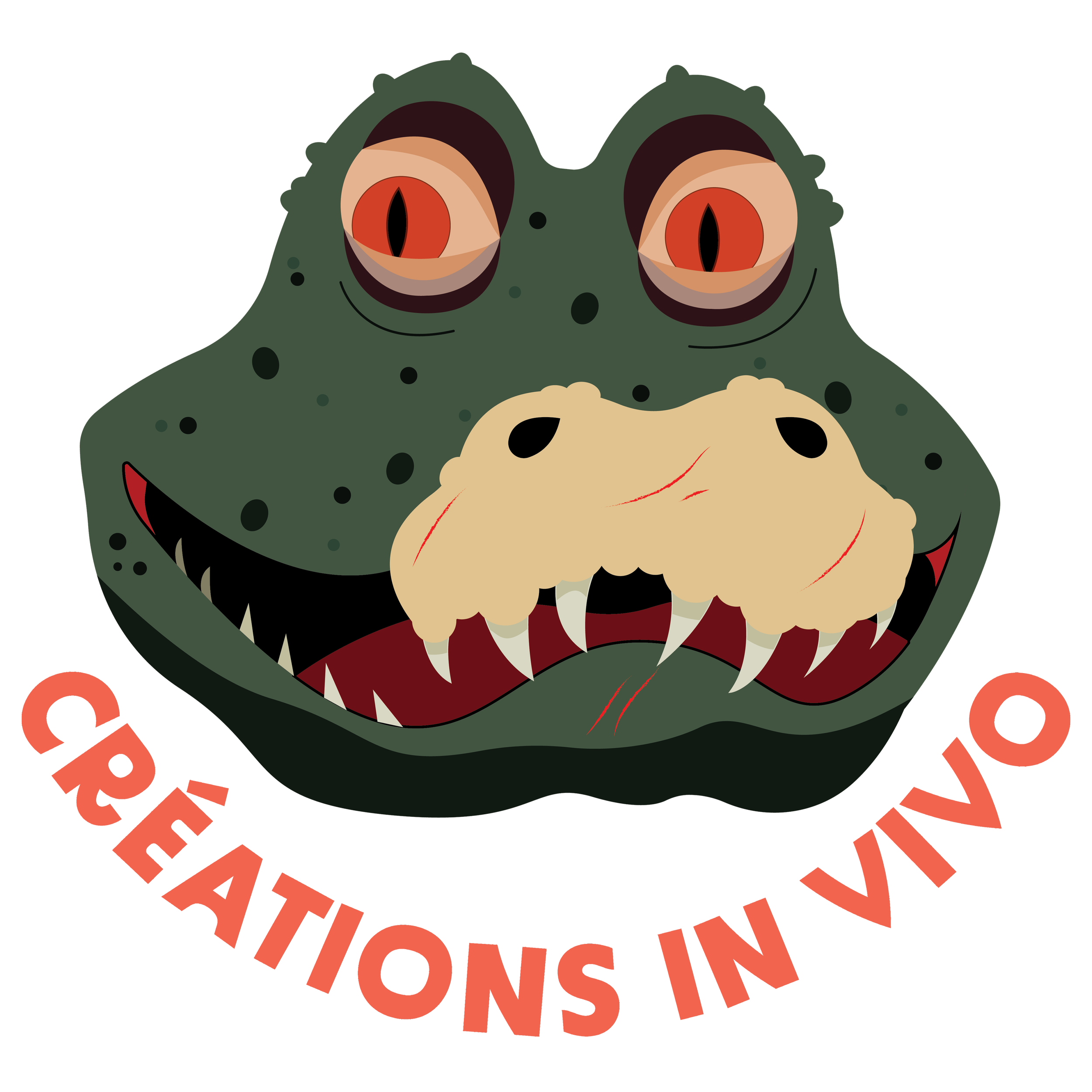 Un logo illustré d'un caméléon avec des yeux rouges et un large sourire, accompagné du texte "CREATIONS IN VIVO" en courbe en dessous.