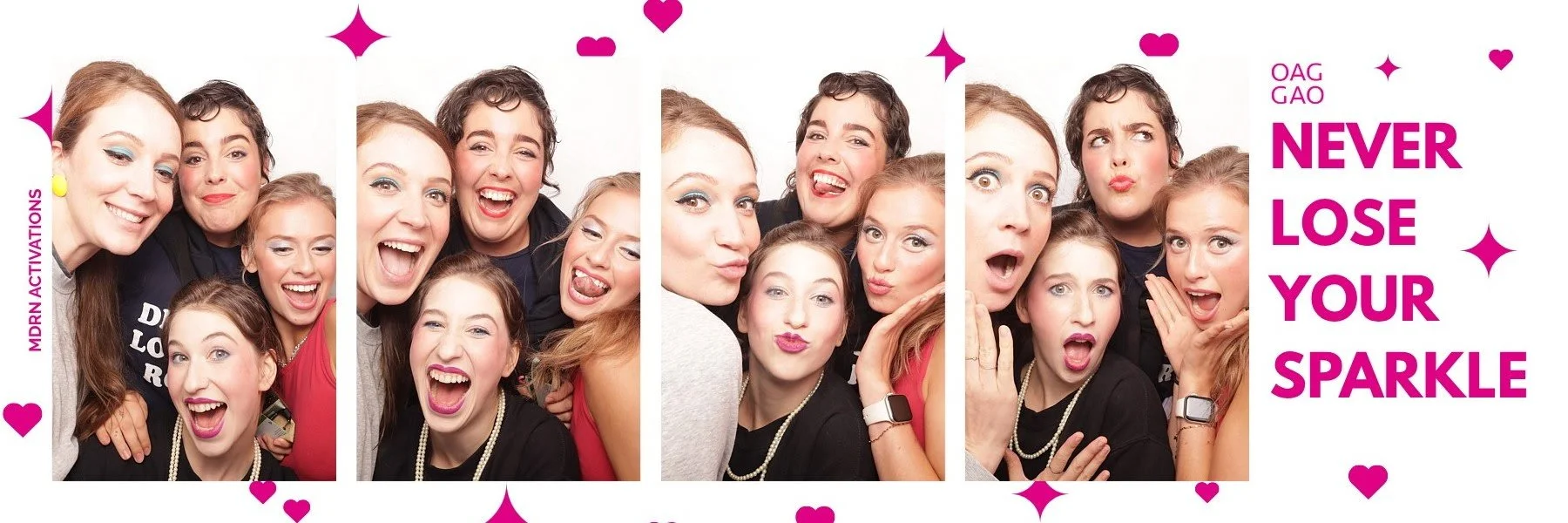 Trois photos de groupe de jeunes femmes souriantes et expressives, entourées de cœurs et d'étoiles roses. Texte en français : "Ne jamais perdre votre éclat".