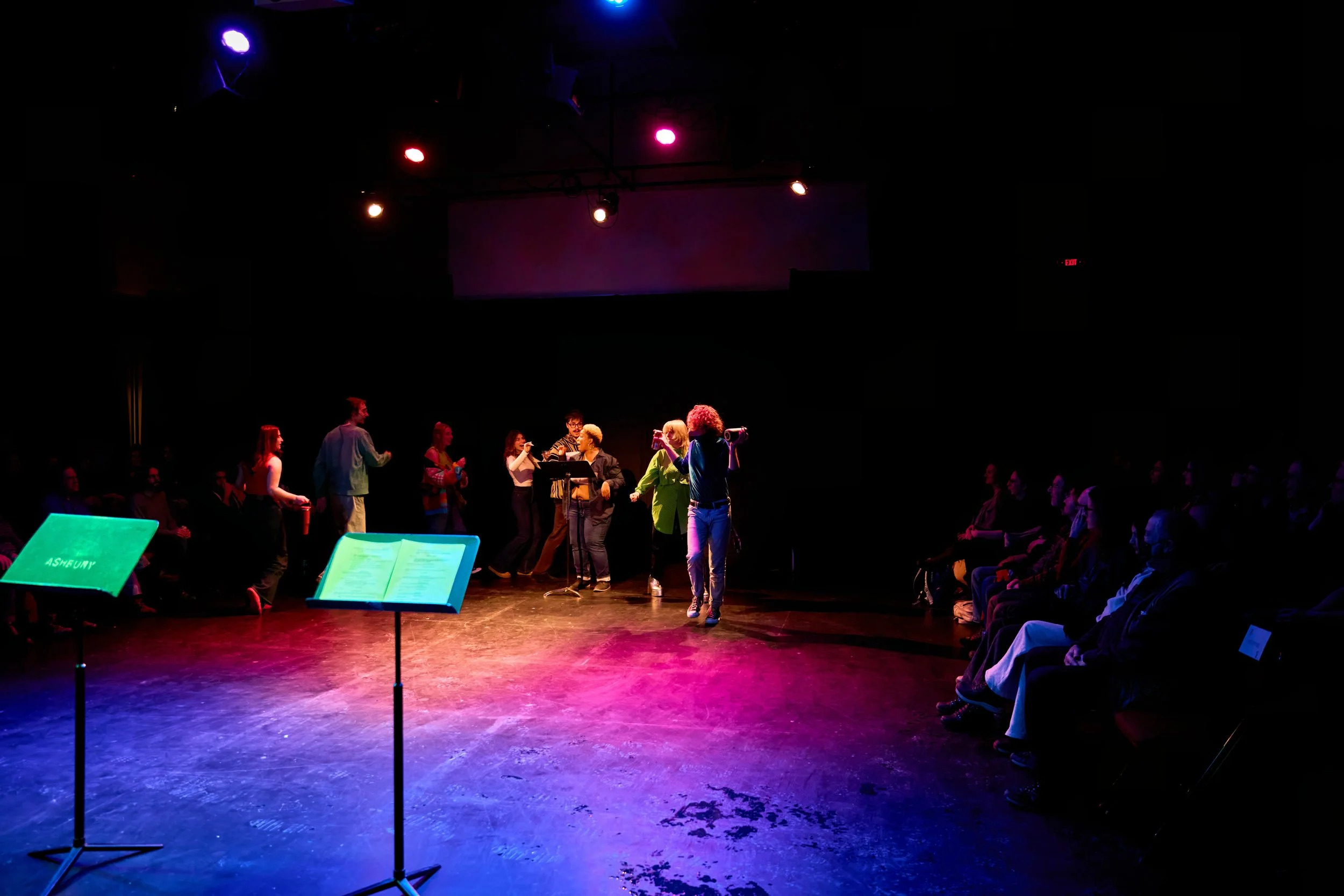 Scène de théâtre ou de spectacle avec des acteurs ou artistes sur scène sous un éclairage coloré, avec un public assis dans l'obscurité.