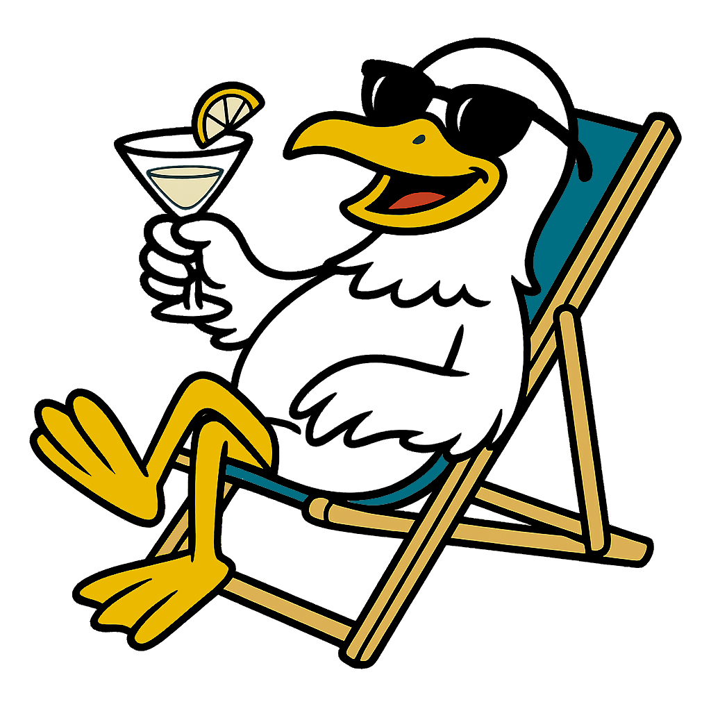 Ein cartoonartiger Delfin mit Sonnenbrille, der entspannt auf einem Liegestuhl sitzt und ein Cocktail-Getränk mit einem Zitronenscheibe hält.
