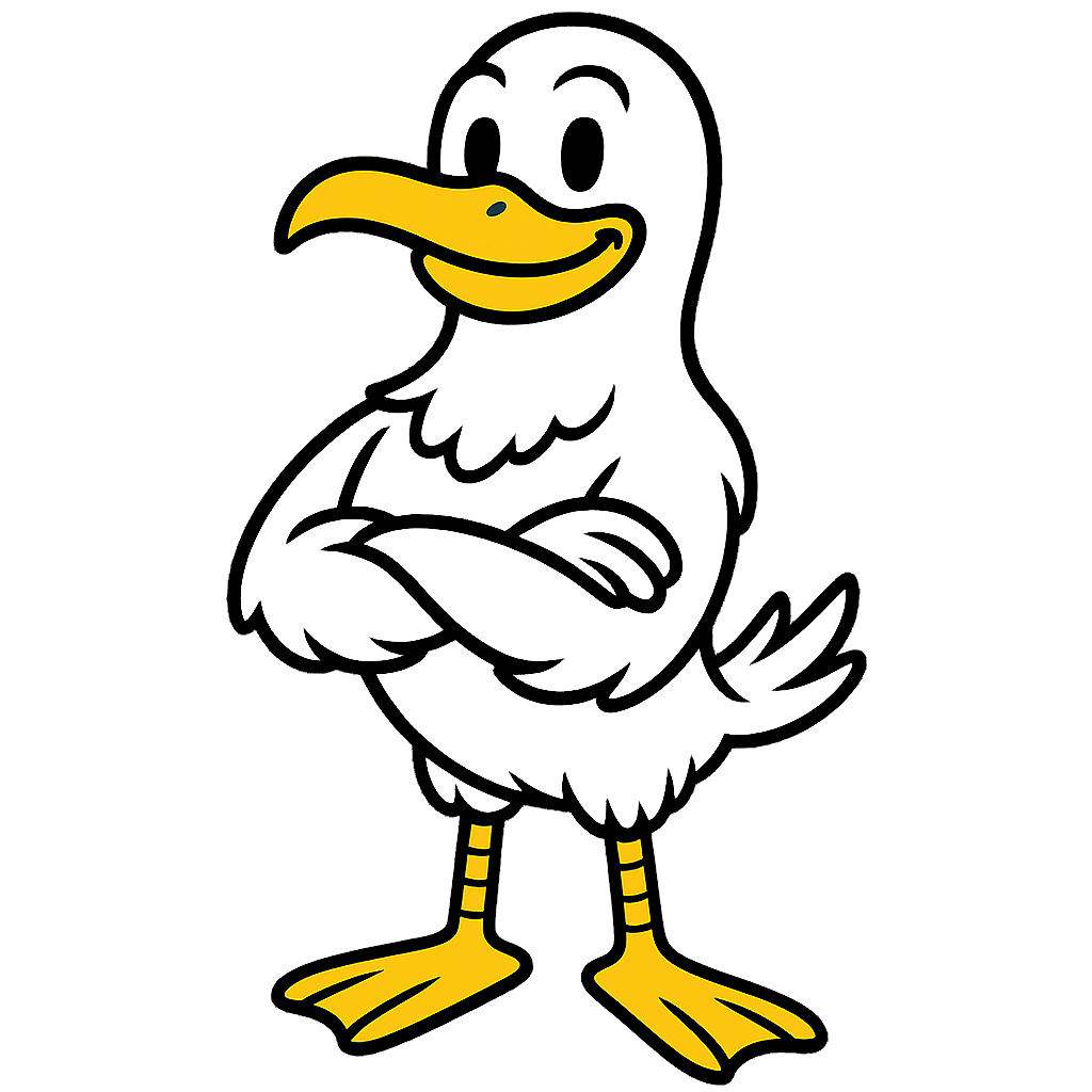 Cartoon-Segelboot mit einem freundlichen, lachenden Gesicht, stehend mit verschränkten Armen, auf gelben Schwimmflossen.