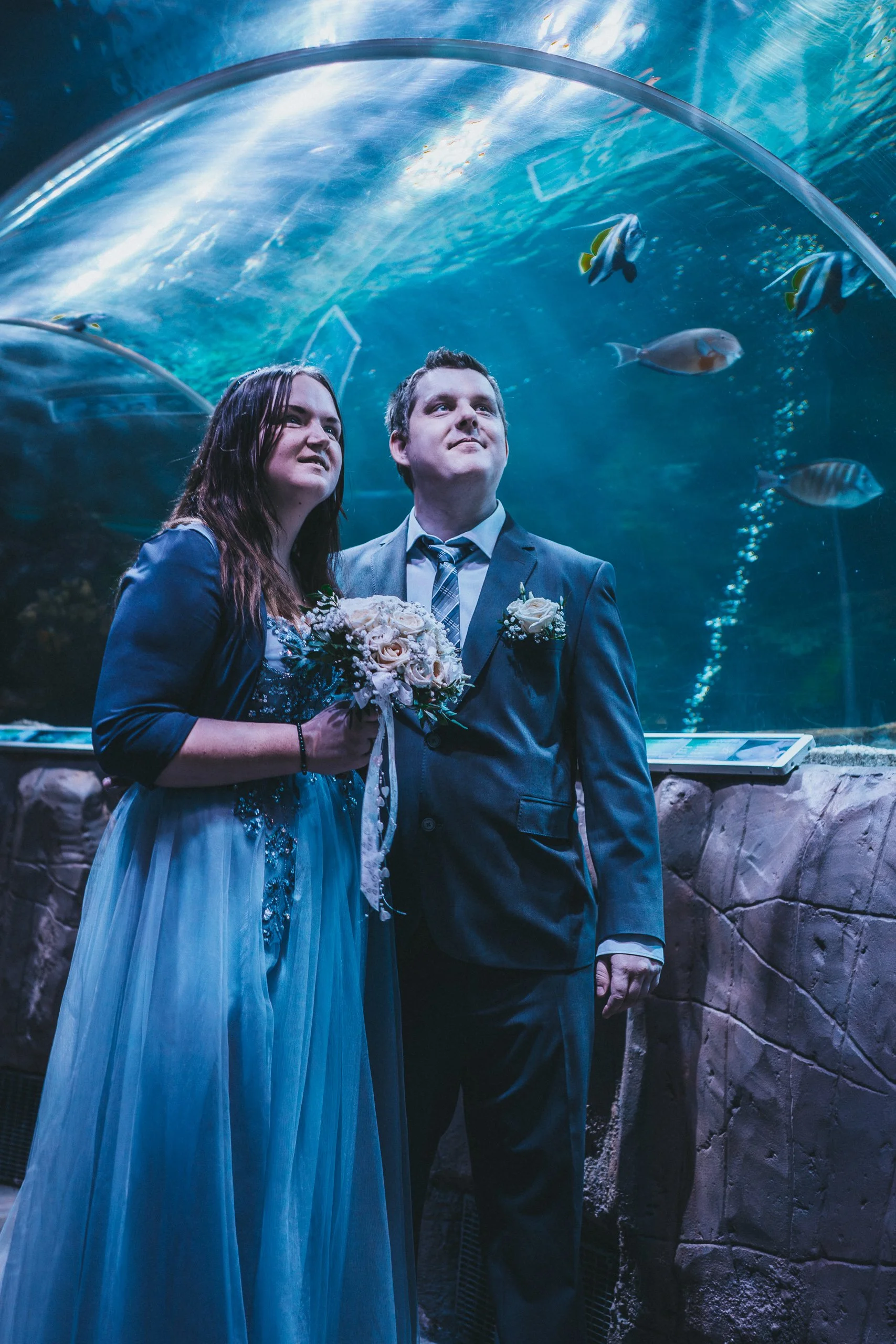 Ein Pärchen in formeller Kleidung vor einem großen Aquarium mit Fischen, die eine Hochzeit oder ein besonderes Ereignis markieren.
