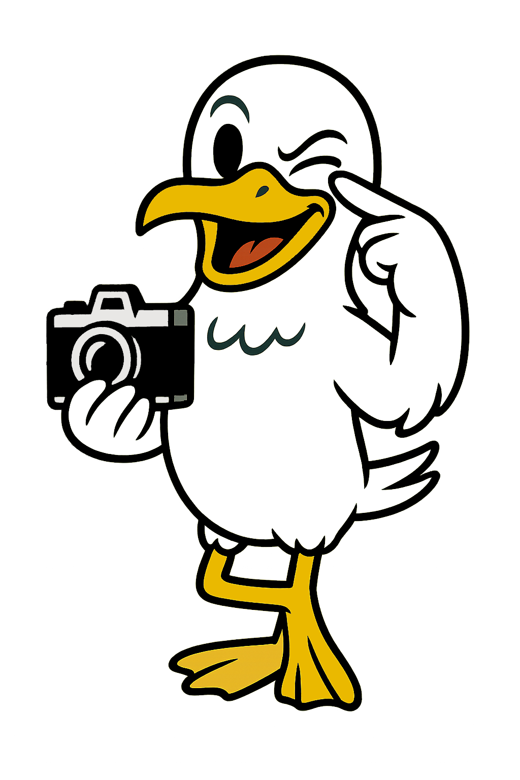 Karikatur eines lachenden Entenzeichens, das eine Kamera hält und mit Finger an seinem Kopf denkt.
