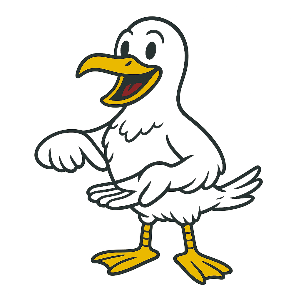 Cartoon-Ente mit freundlich aussehendem Gesicht und lachendem Ausdruck, stehende Figur