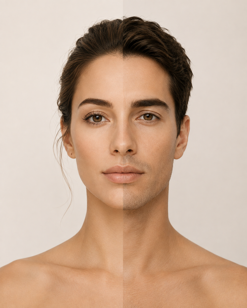Visage féminin et masculin présentant les différentes zones de médecine esthétique