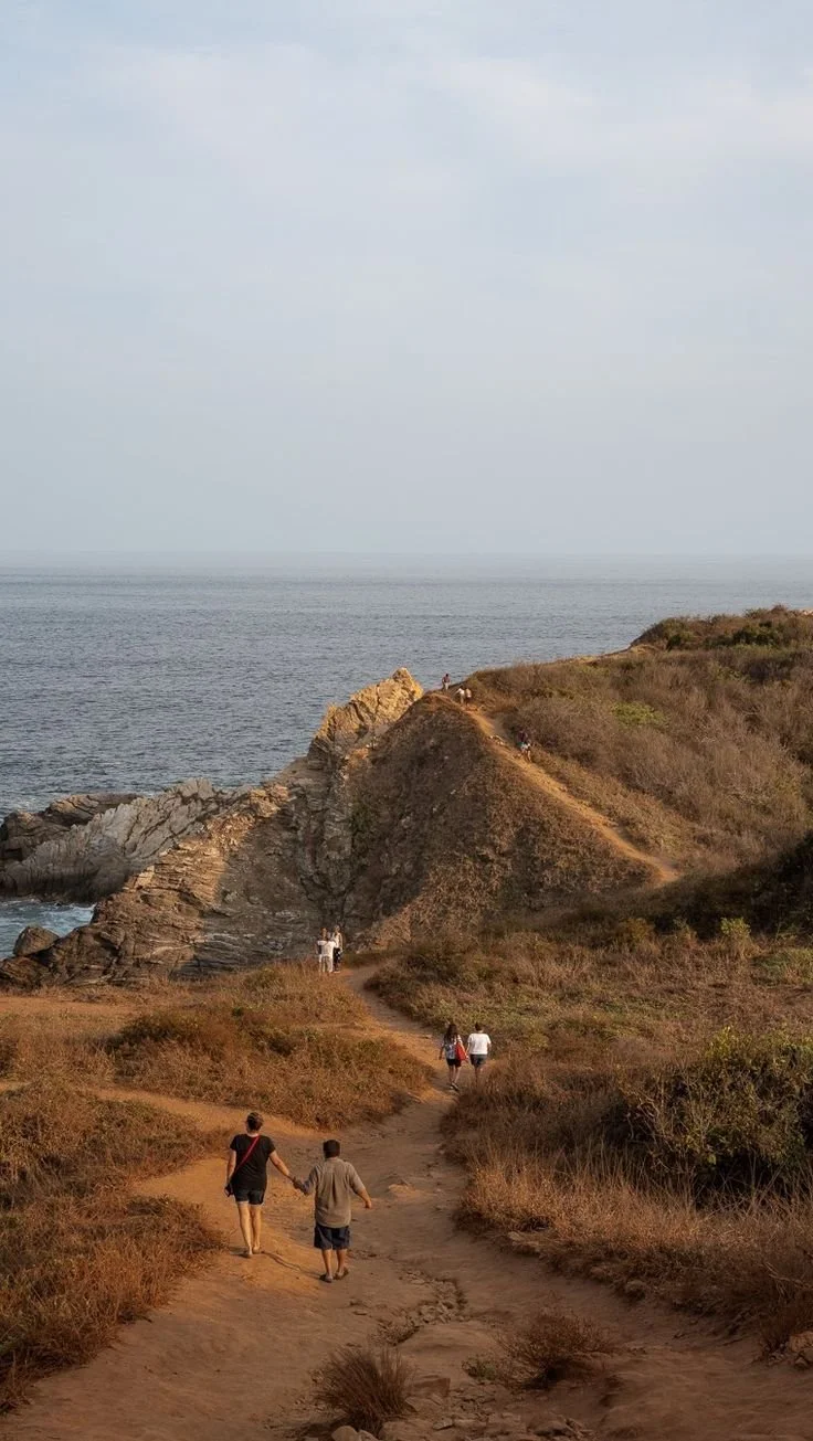 People walking along a dirt path on a cliff by the ocean, surrounded by dry grass.