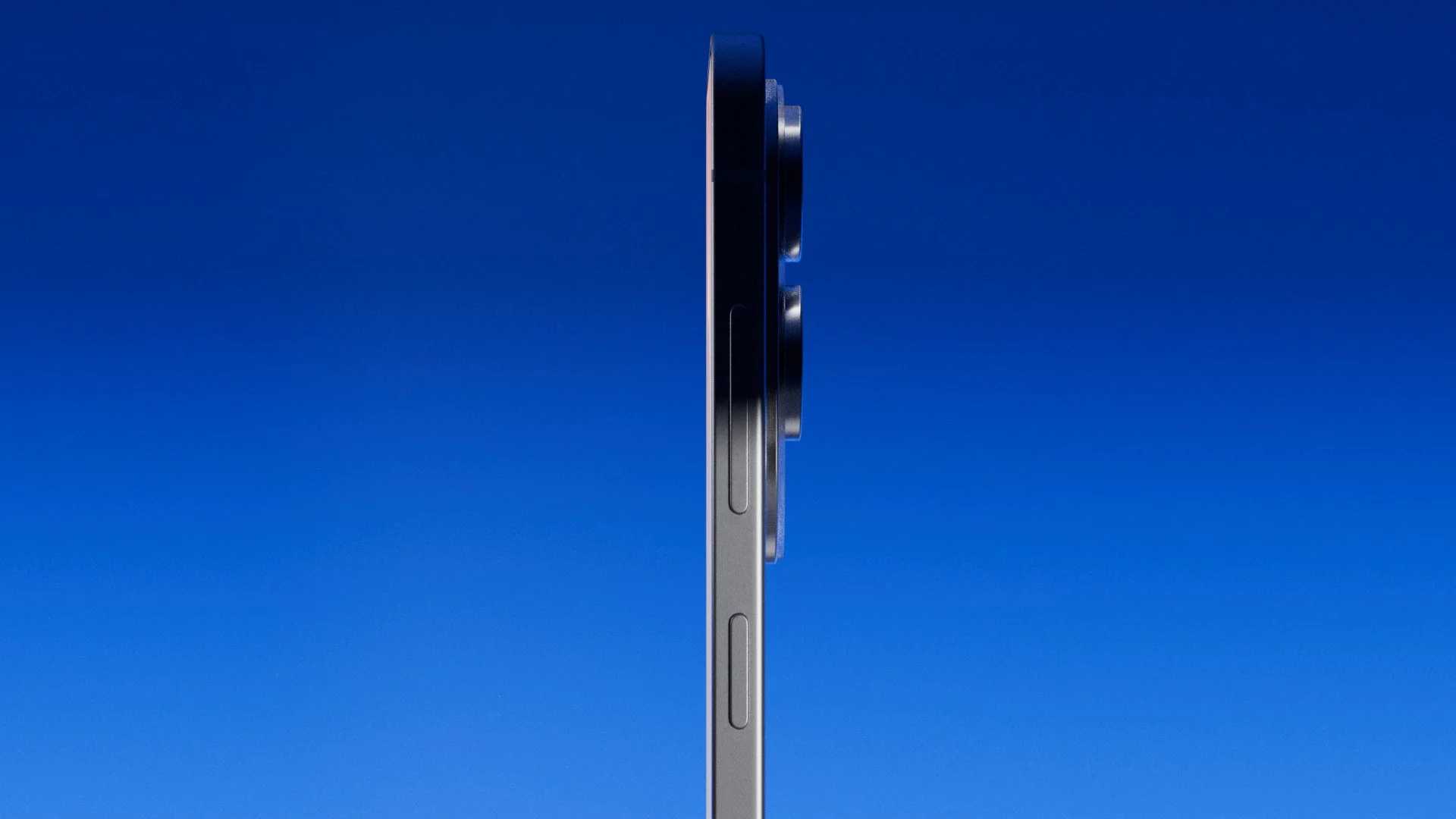 Side view of a modern smartphone with a gray metallic edge, showing volume and mute buttons, against a gradient blue background.