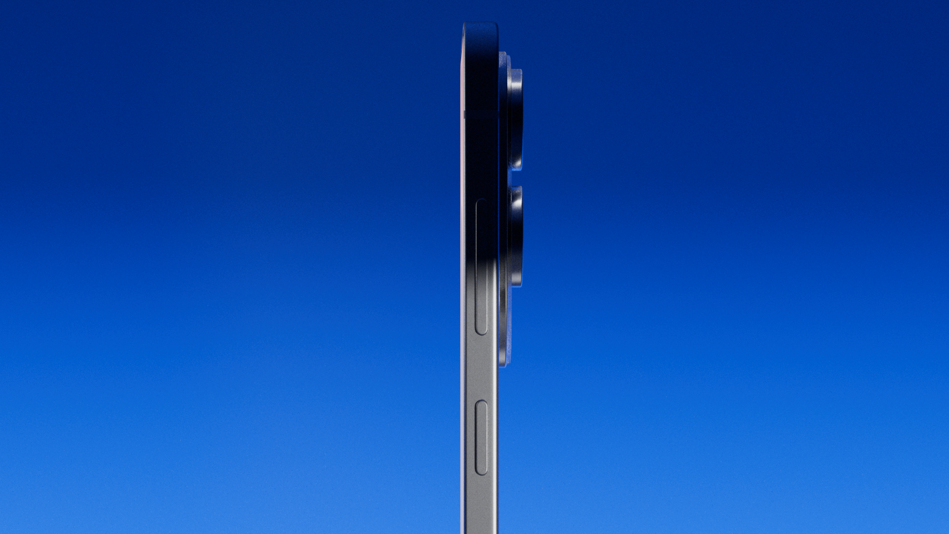 Side view of a sleek modern smartphone against a blue gradient background, showing the volume buttons and a portion of the camera bump.