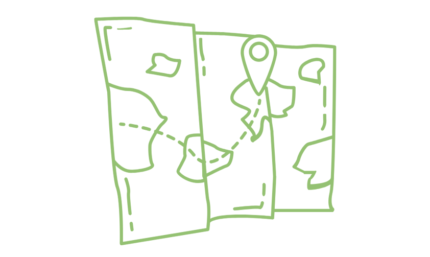 Outline of three folded maps with a location pin, indicating navigation or travel.