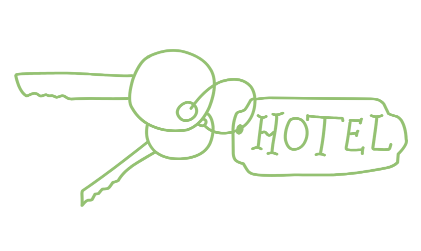 Neon sign of a key with a tag reading 'HOTEL' in green outline.