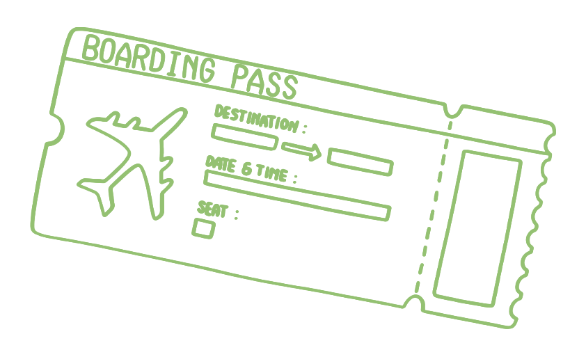 Green outline of a boarding pass with an airplane icon, labeled sections for destination, date and time, seat, and a barcode area.