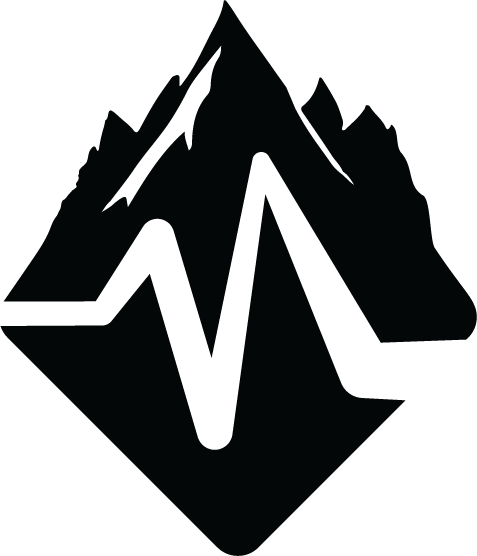 A black and white mountain range with an ECG heartbeat line integrated into the design.