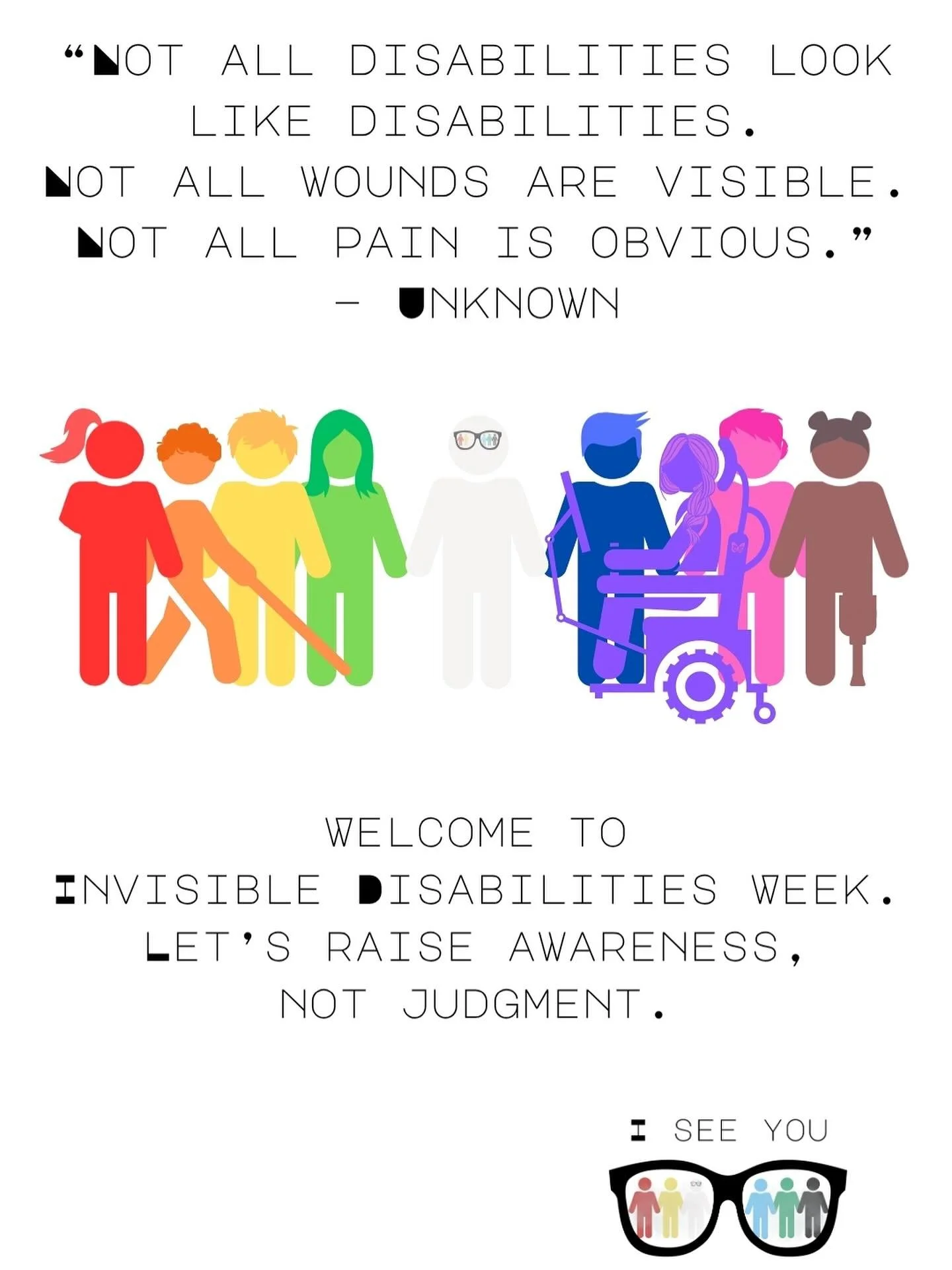 &ldquo;Not all disabilities look like disabilities. Not all wounds are visible. Not all pain is obvious.&rdquo; -Unknown

Welcome to Invisible Disabilities Week. Let&rsquo;s raise awareness, not judgment. 

#InvisibleDisabilitiesWeek #WilliamsGlasses