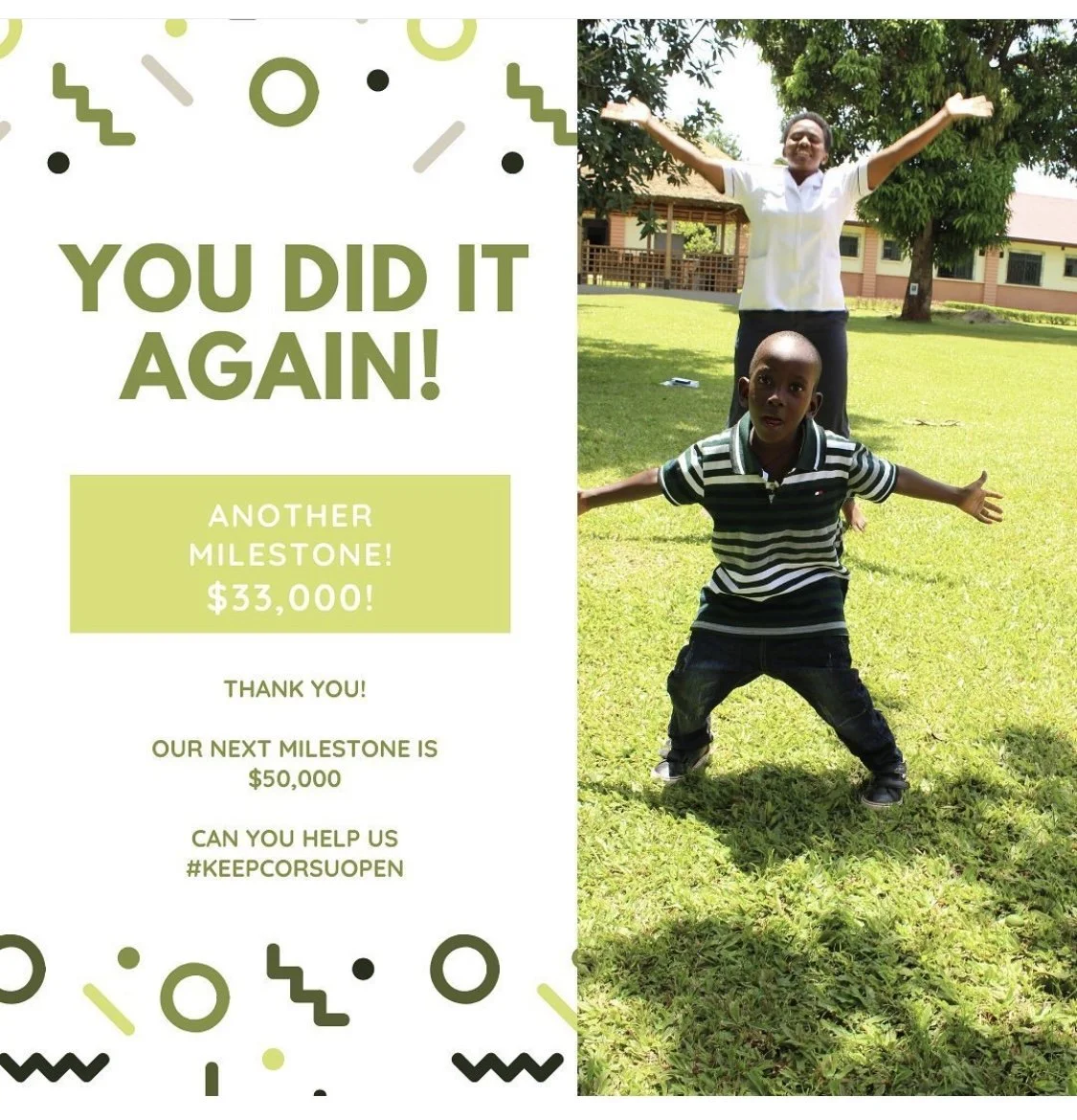 Celebratory graphic announcing a milestone achievement with a photo of a woman and a young boy outdoors in a grassy area, smiling and posing with open arms in Kisubi Uganda.
