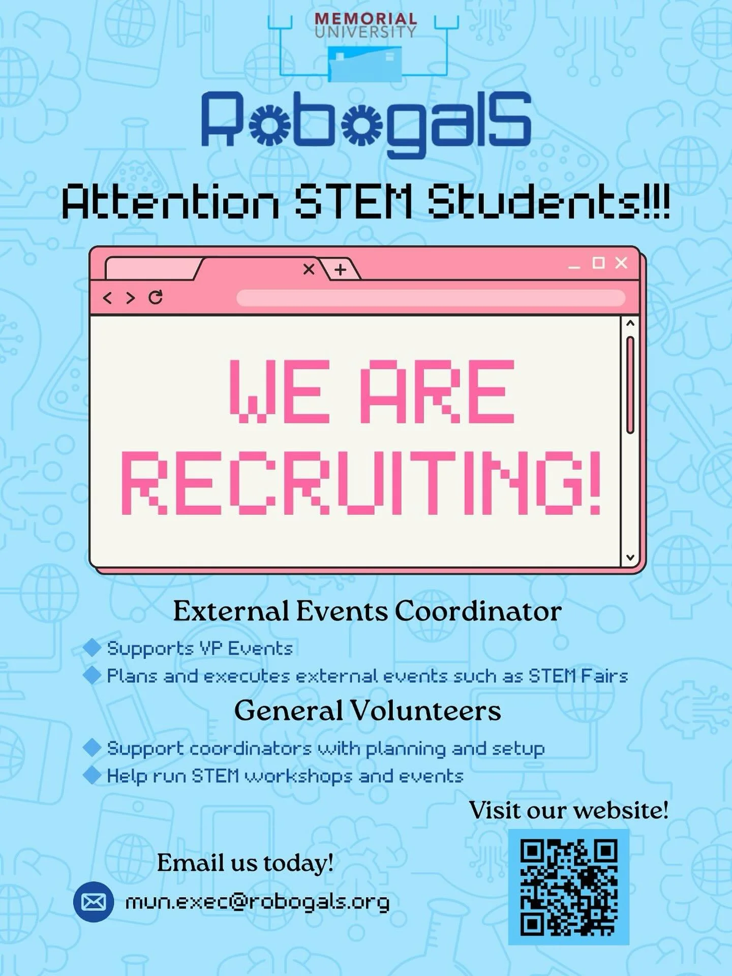We&rsquo;re recruiting! 🚀

Want to inspire the next generation of engineers and scientists? Join Robogals Memorial to help run fun STEM workshops and events for kids! 💡

🔹 Roles available: External Events Coordinator + General Volunteers
No experi