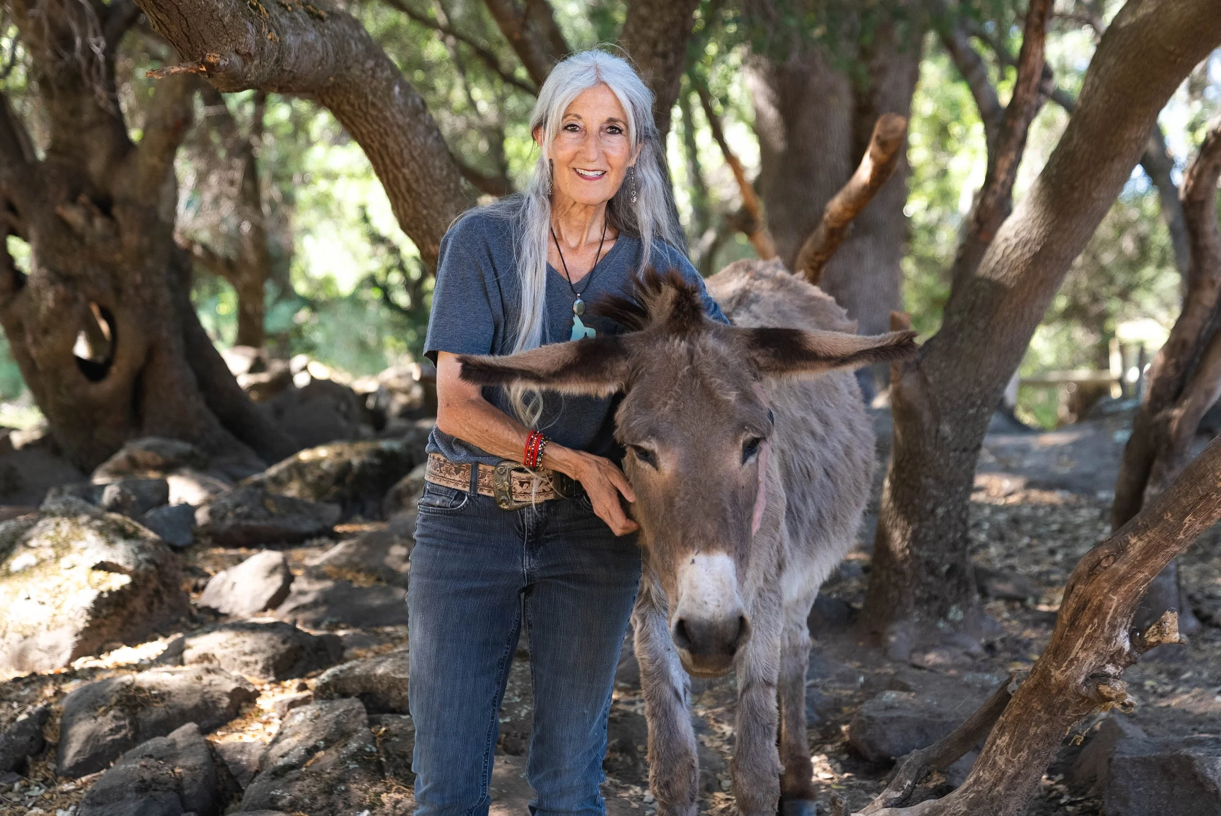 An elderly woman with long gray hair, wearing a blue t-shirt, jeans, and jewelry, stands outdoors among trees. She is smiling and gently touching a donkey's head, which has large ears and a gray coat.