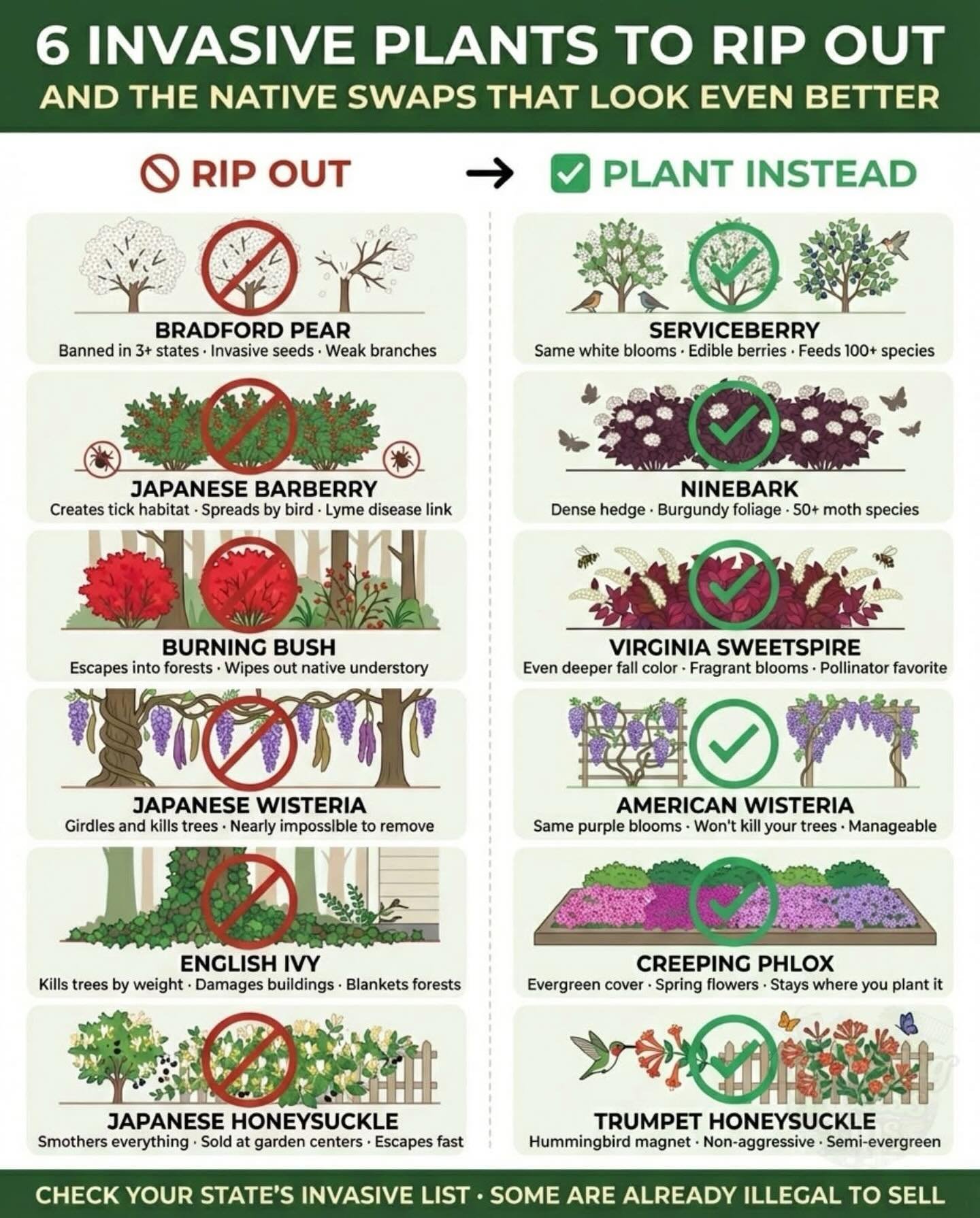 While these suggestions might not fit every situation, they certainly illustrate an important point:

Not all plants are equally fit for our environment. 

Invasive plants have been sold for decades, and we&rsquo;re surrounded by them. Now that we kn