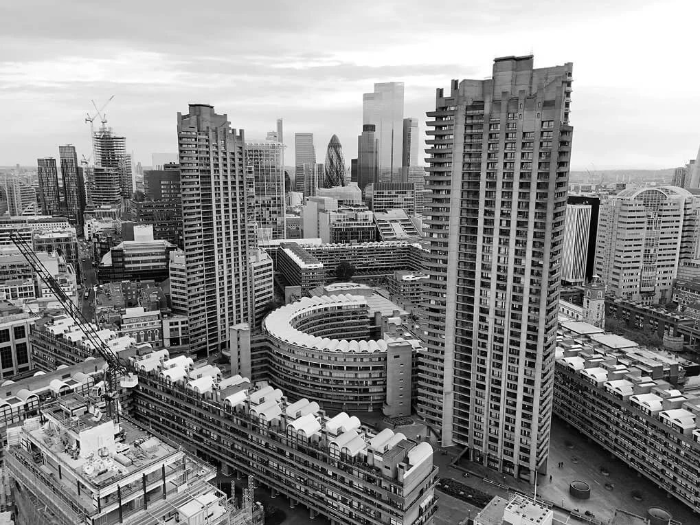 Image of the Barbican and city of London taken from a Drone
