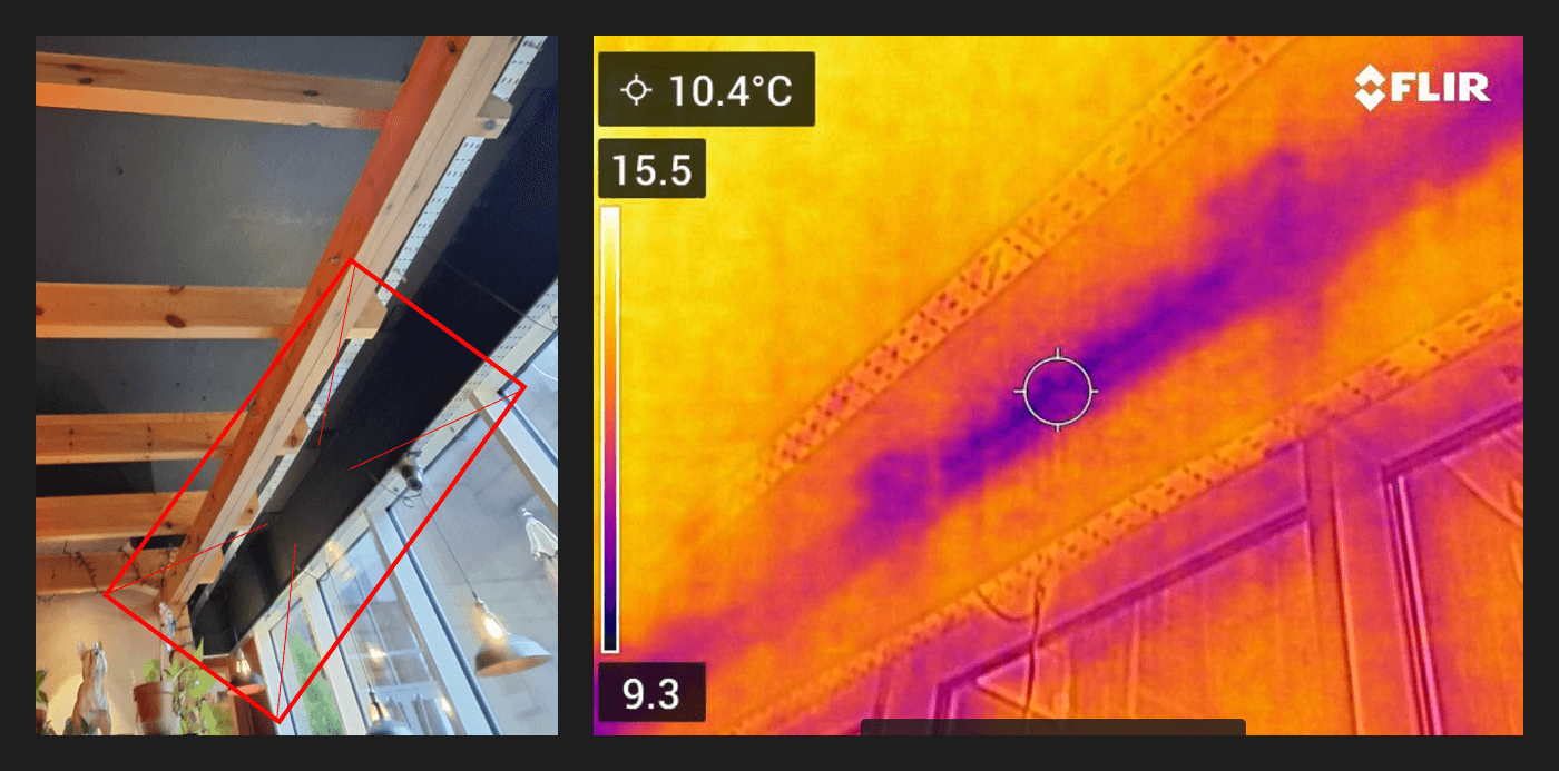 Side-by-side visual and thermal image showing temperature variation along a sloped ceiling structure during a non-invasive commercial thermal imaging inspection.