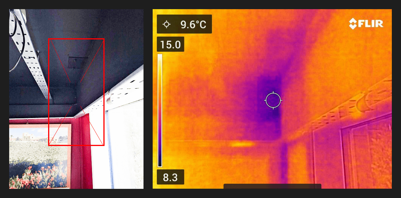 Side-by-side visual and thermal image showing temperature anomalies in a commercial property ceiling during a non-invasive thermal imaging inspection in London.