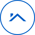 Blue circle with a stylized white mountain and sun icon inside.