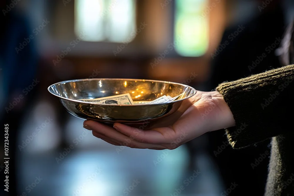Person holding a shiny silver bowl with dollar bills inside, blurred background.