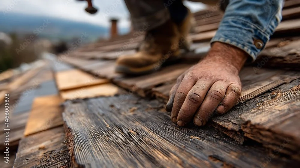 Close-up of a person's hand repairing a wooden roof during construction or renovation.