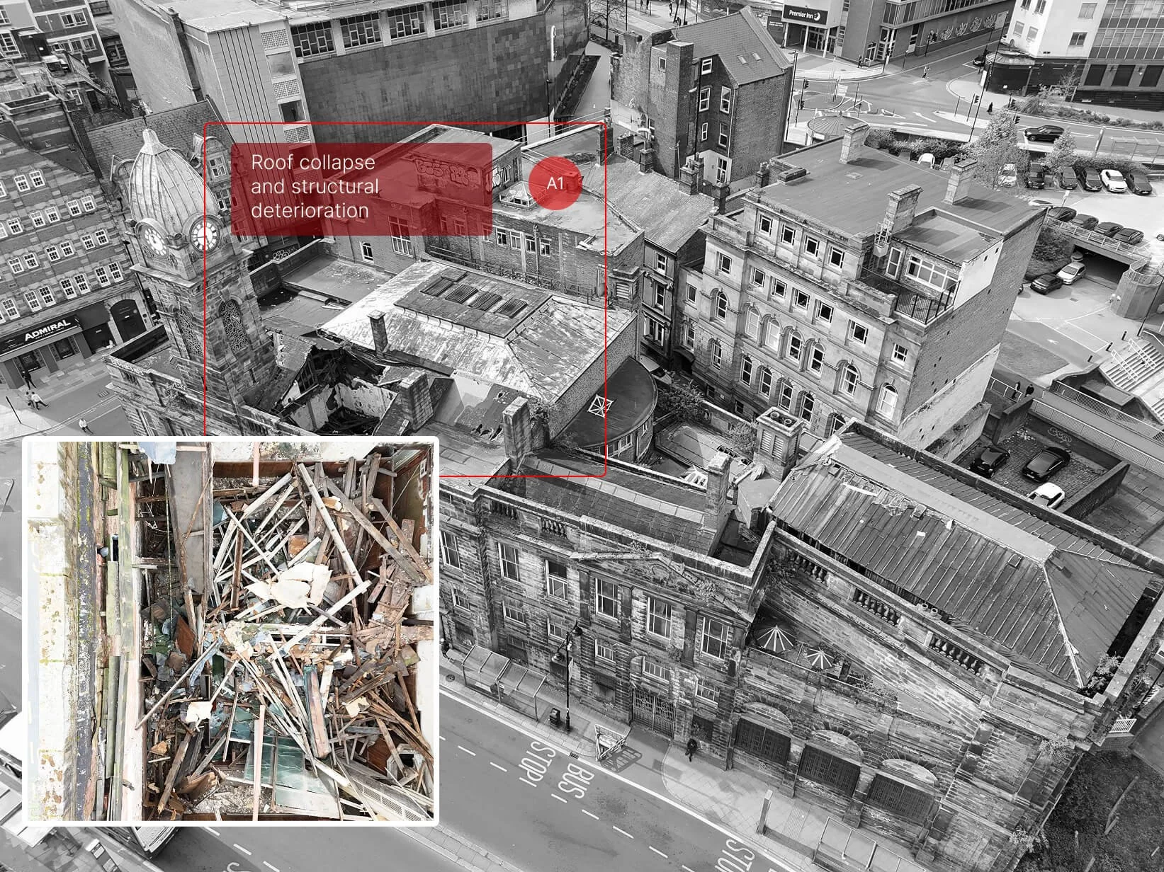 The old town of Sheffield was filmed and found to have major collapse and failure