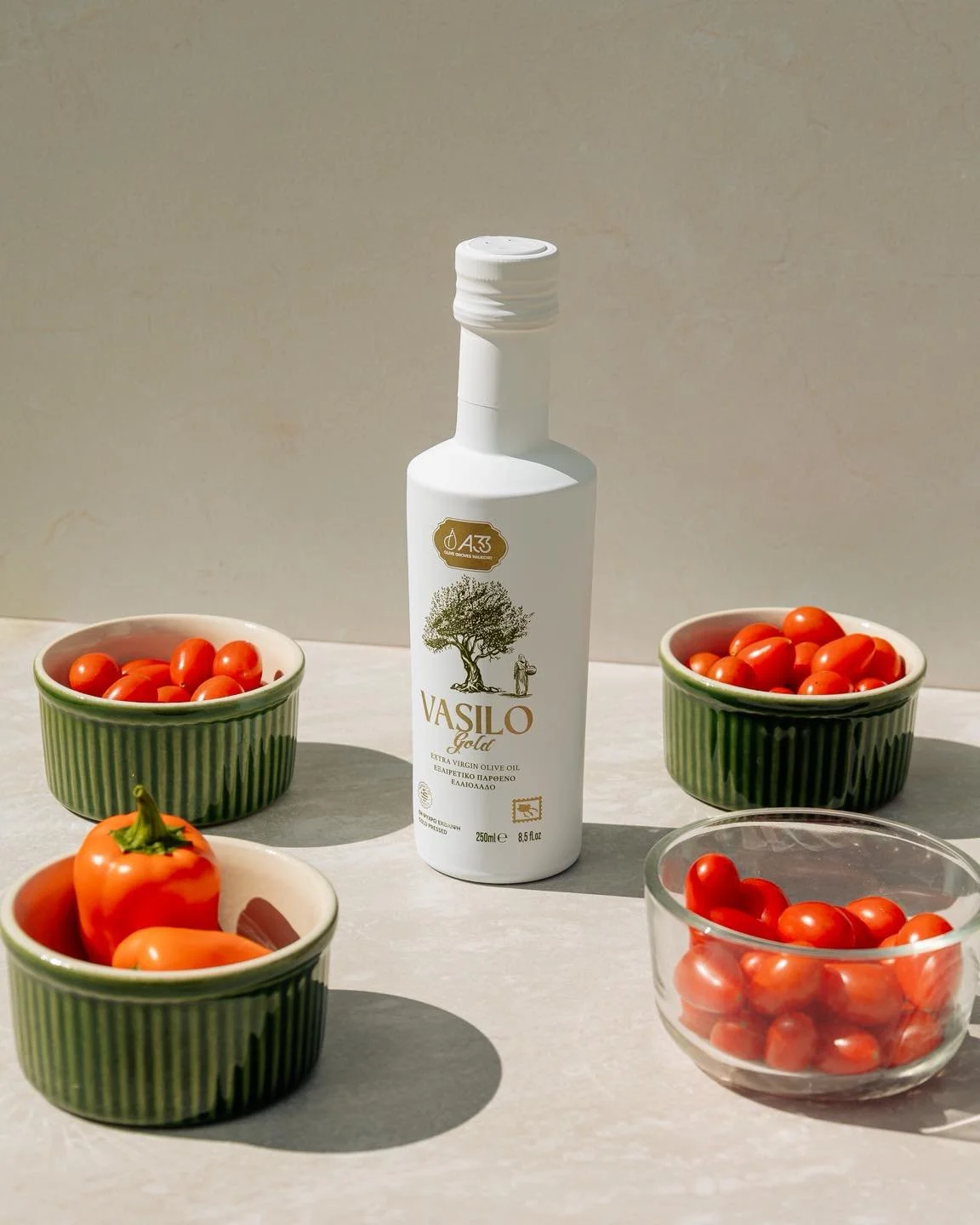 Not every shoot is for a client. This one was just for the joy of it, using pieces close to home: tomatoes from our garden, ramekins that were my mom&rsquo;s, and olive oil my wife&rsquo;s grandmother brought back from a trip to Greece, something she