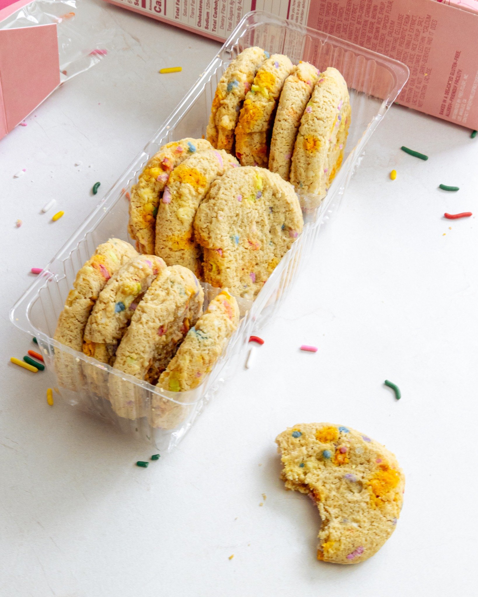 Confetti cookies deserve a little celebration.

For this setup I leaned into the playful color of the packaging and styled the scene with scattered rainbow sprinkles while keeping the overall composition clean and versatile.

This image came from a l