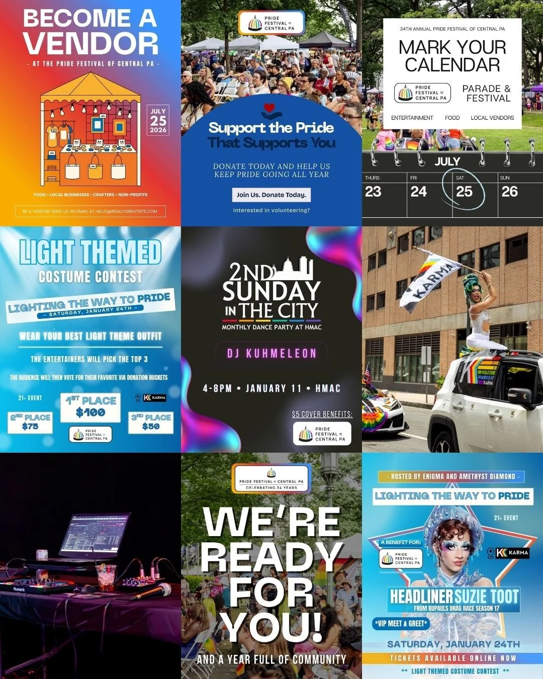 Grid of graphics that I created for the Pride Festival of Central PA