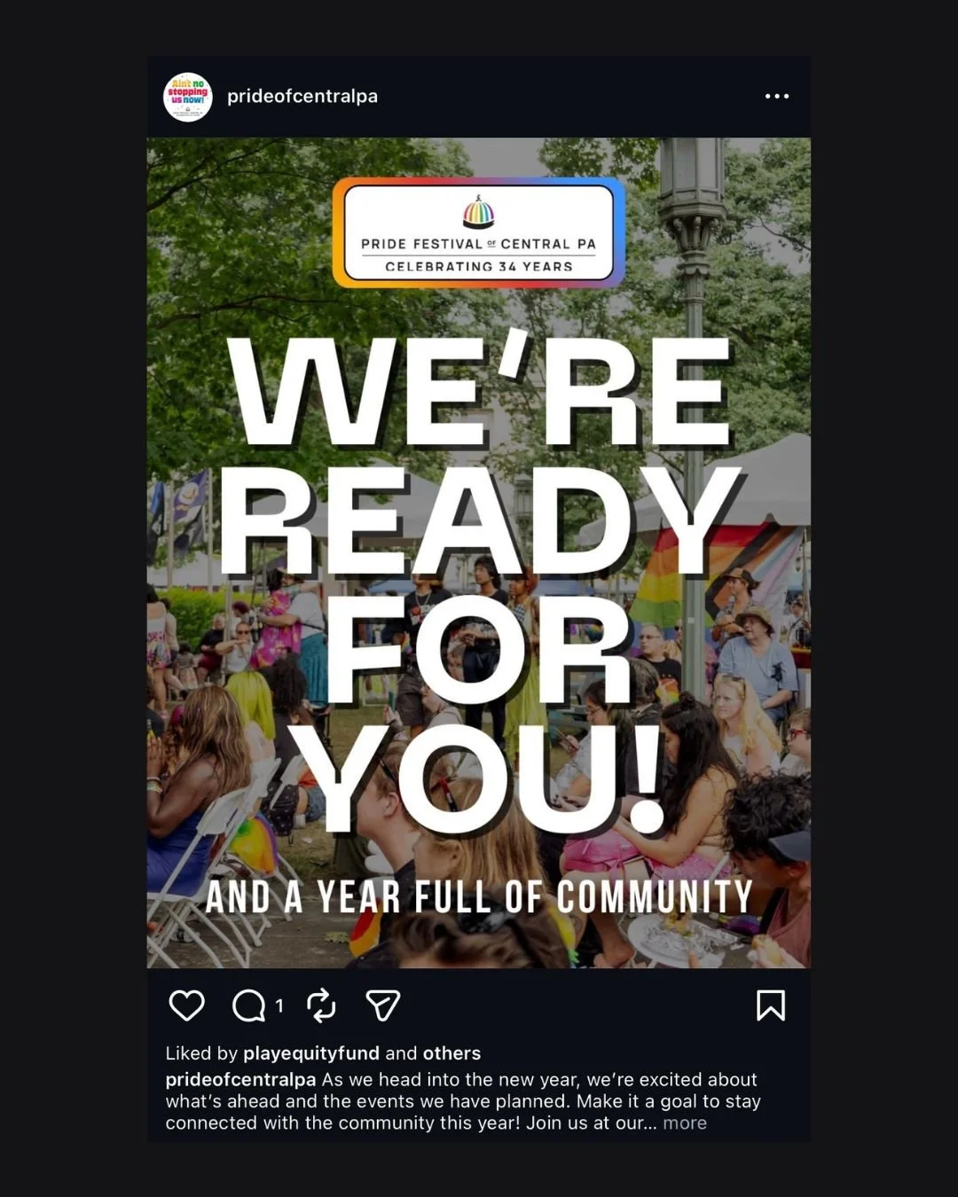 Poster for Pride Festival of Central PA celebrating 34 years, with the message 'We're ready for you! and a community gathering at an outdoor event with people sitting and standing, some holding rainbow flags.