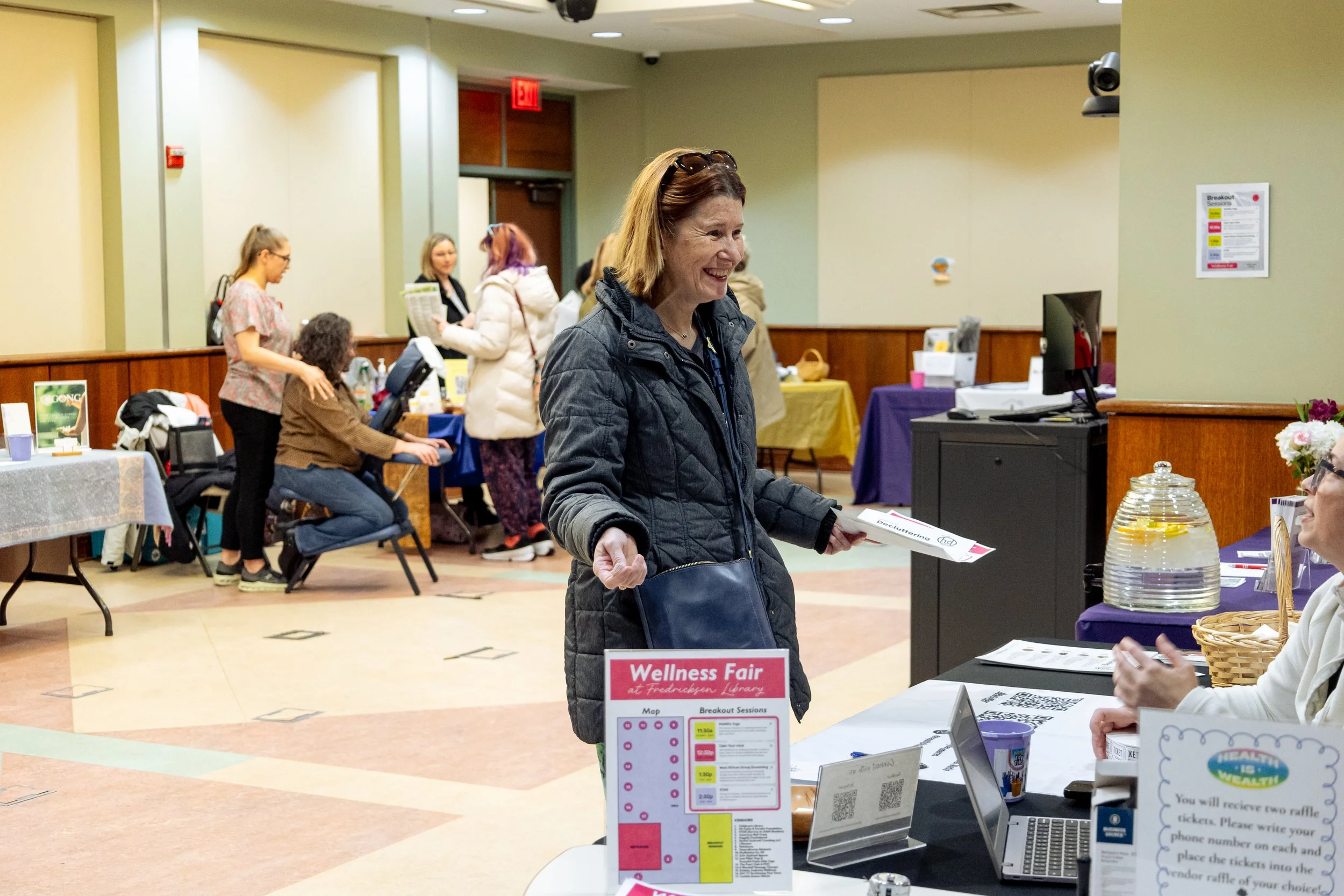 Guests enjoying the wellness fair at the Cleve J. Fredricksen Library