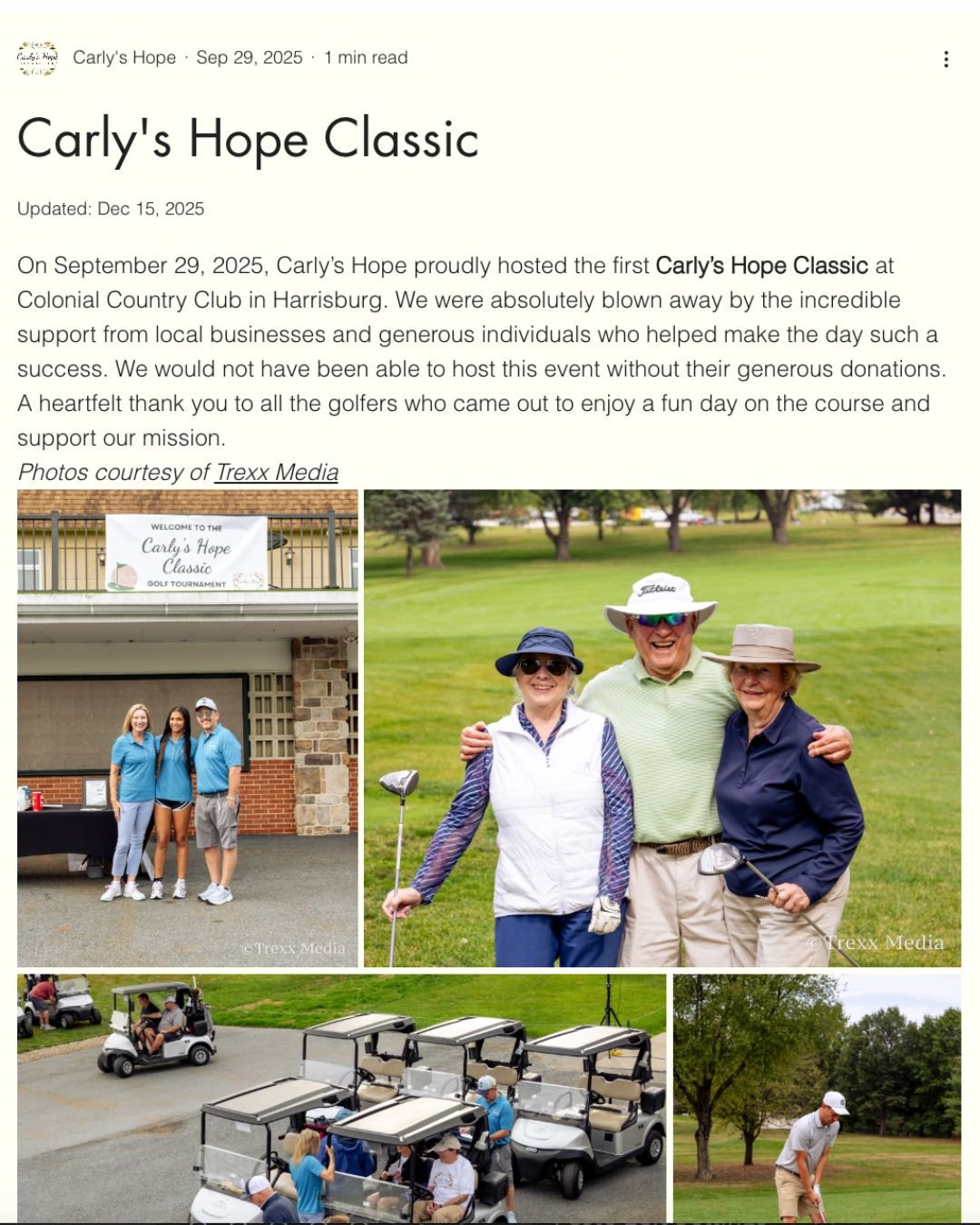 screenshot of the Carly's Hope Website showcasing the Trexx Media Photo Gallery from their golf outing fundraiser