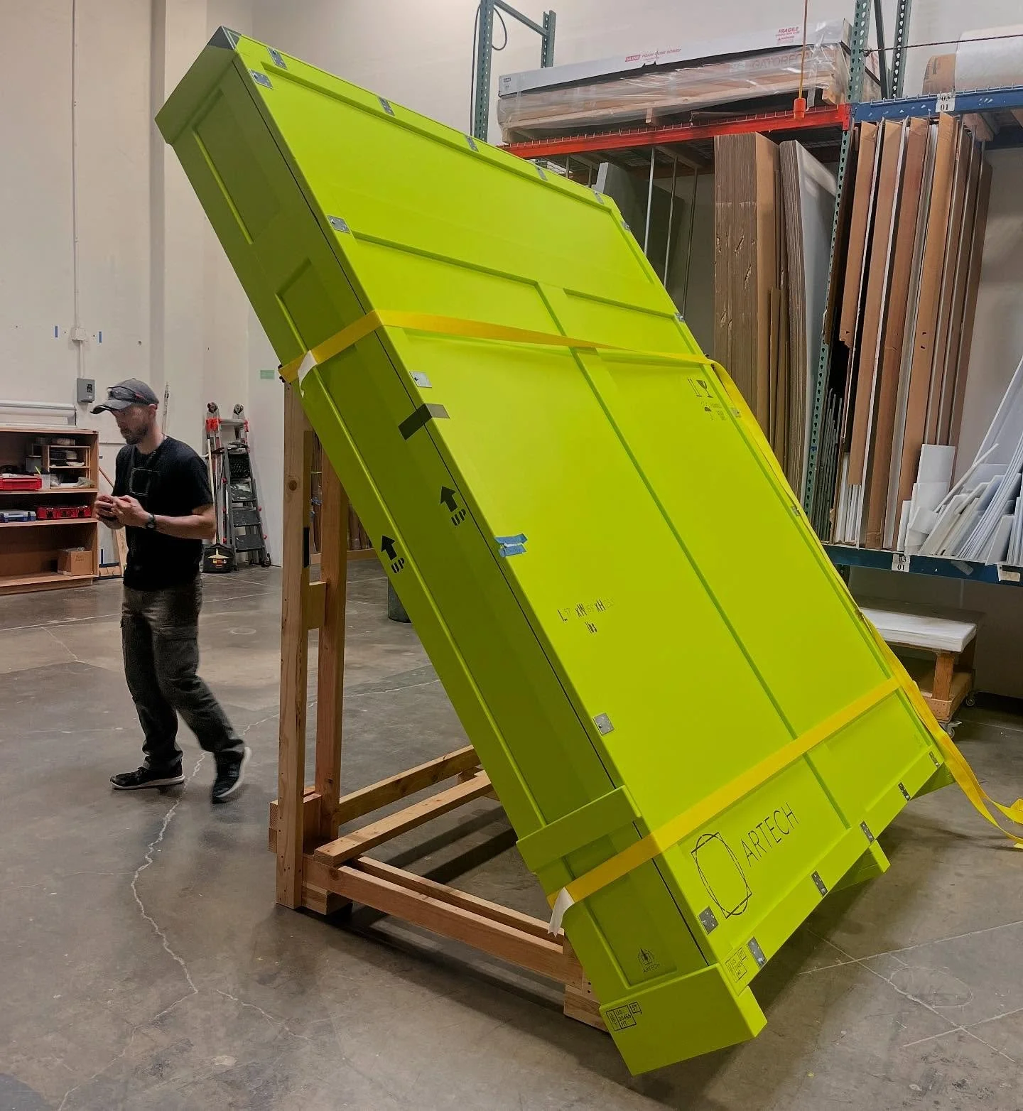 122&rdquo; tall crate, leaned and ready for shipping on a 118&rdquo; tall truck.