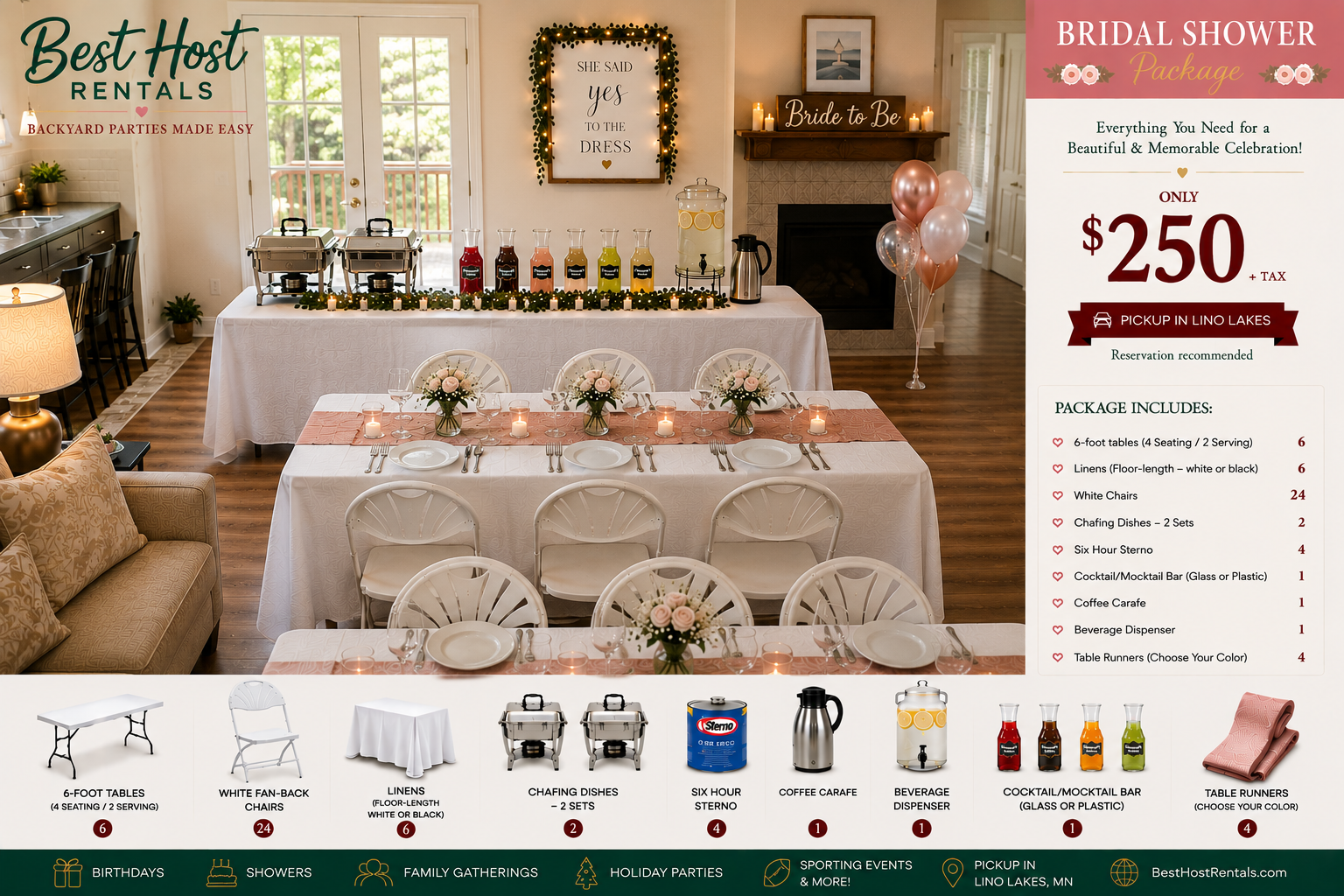 An indoor bridal shower setup with a decorated head table and a buffet area featuring drink dispensers. The tables are arranged with pink and white floral centerpieces and candles. Balloons are gathered in the corner near a fireplace, and a sign reads 'She Said Yes to the Dress' with fairy lights. An advertisement overlays the right side of the image, describing a bridal shower package for $250, including tables, chairs, linens, dinnerware, and beverages.